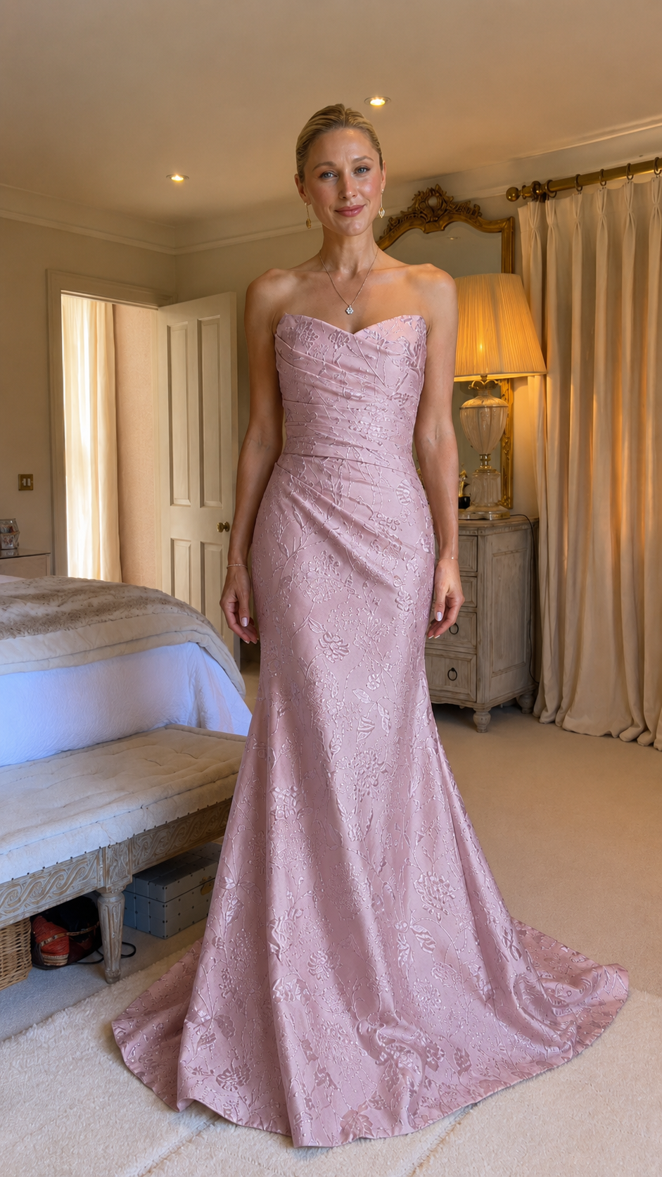 Front view of blush pink strapless mermaid formal gown