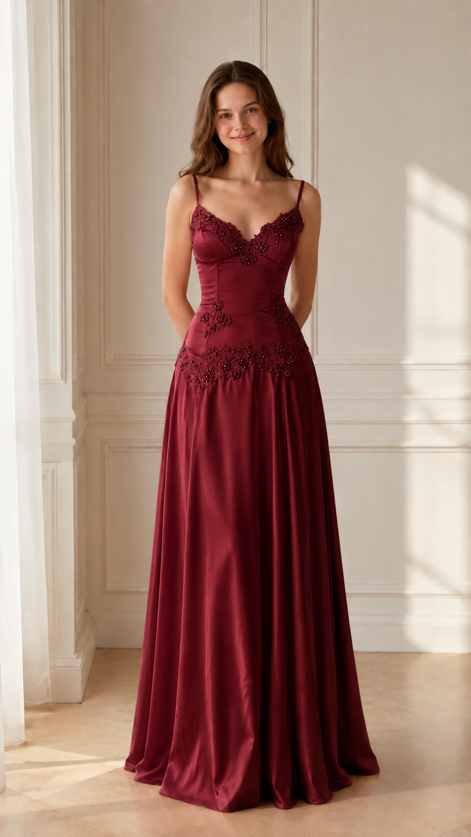 Front view of burgundy embroidered floor-length spaghetti strap gown