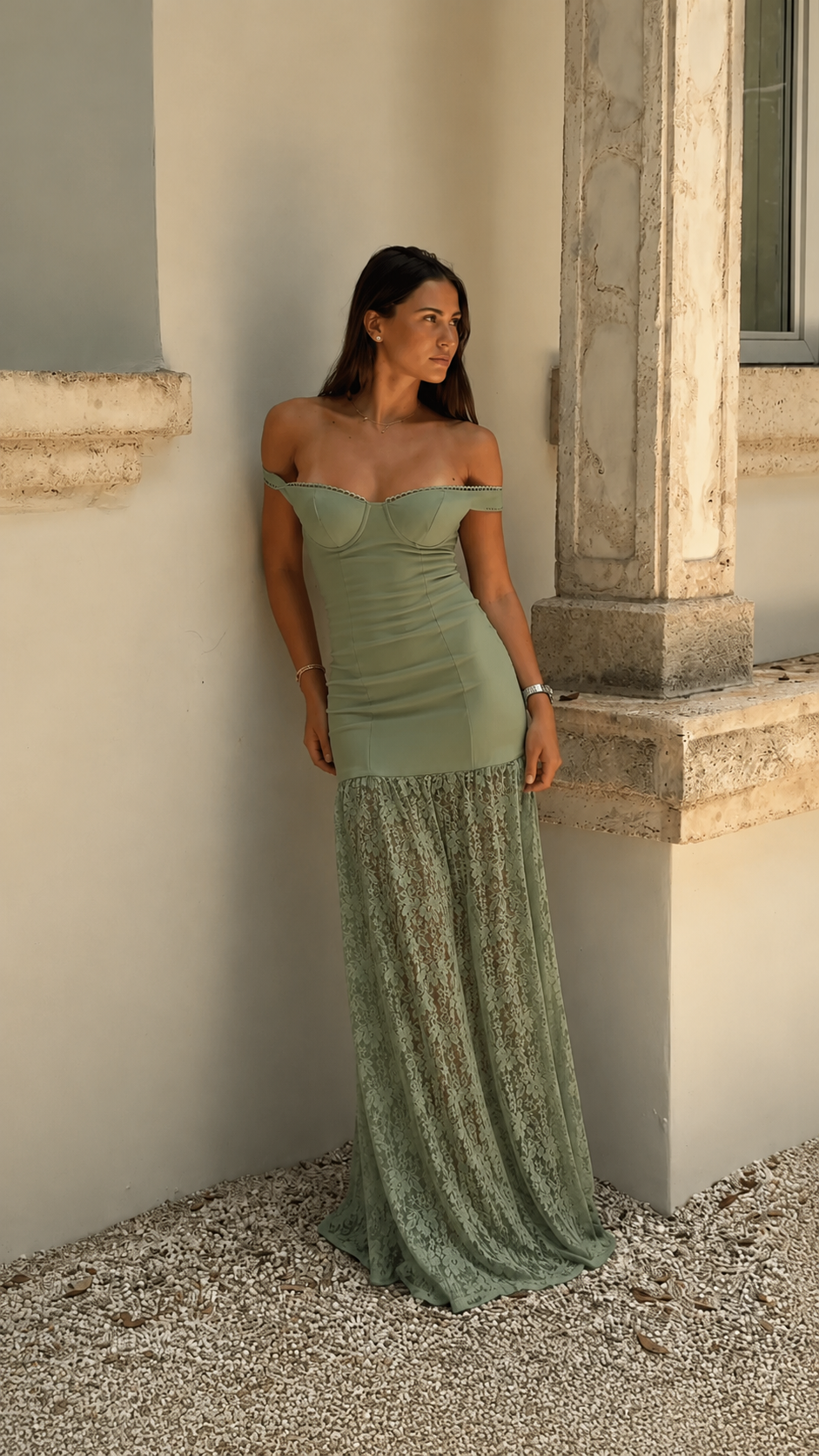 Front view of sage off-shoulder ruched maxi dress with textured lace-look hem