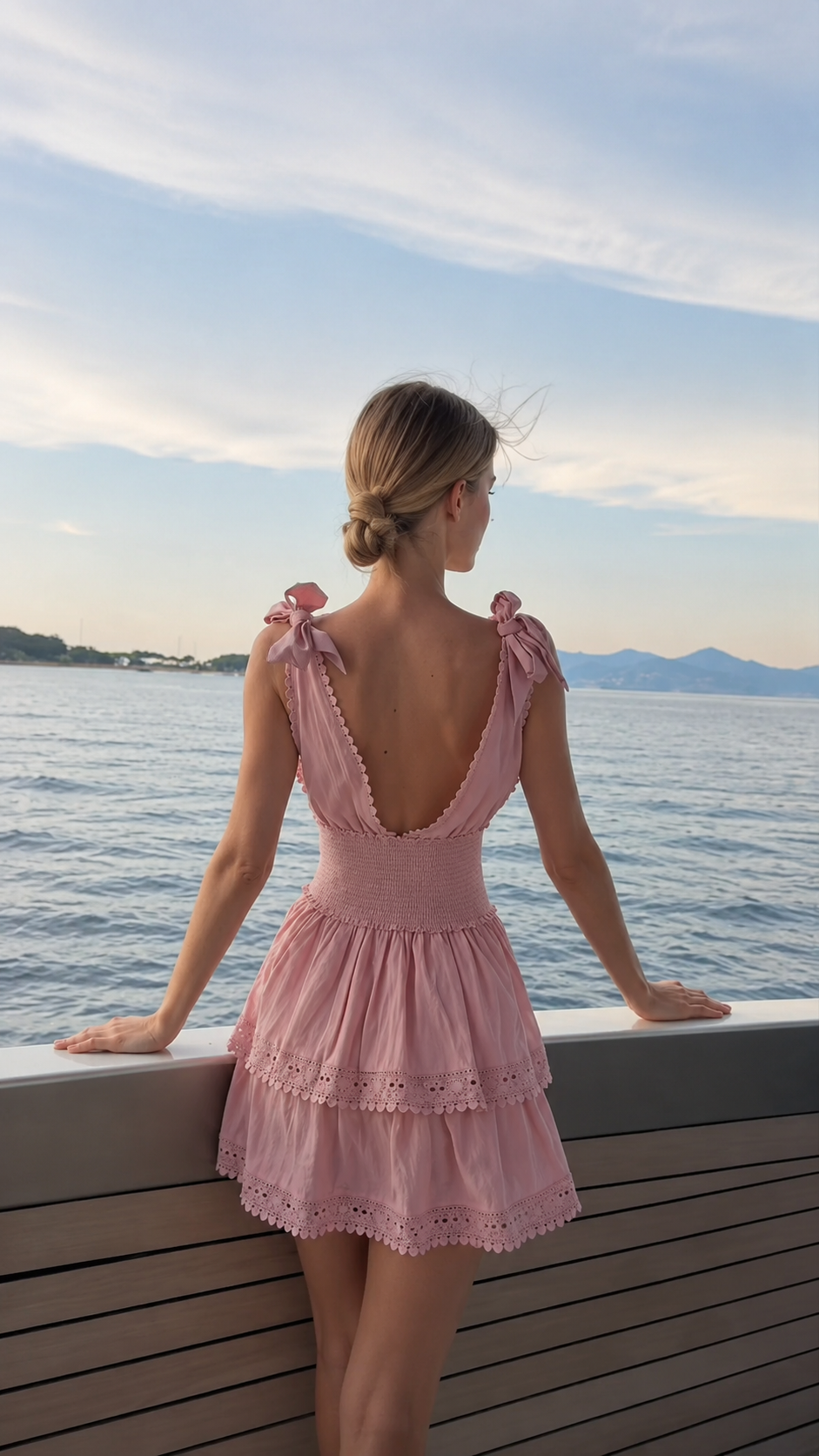 Back view of blush pink open-back tie-shoulder mini dress with tiered skirt