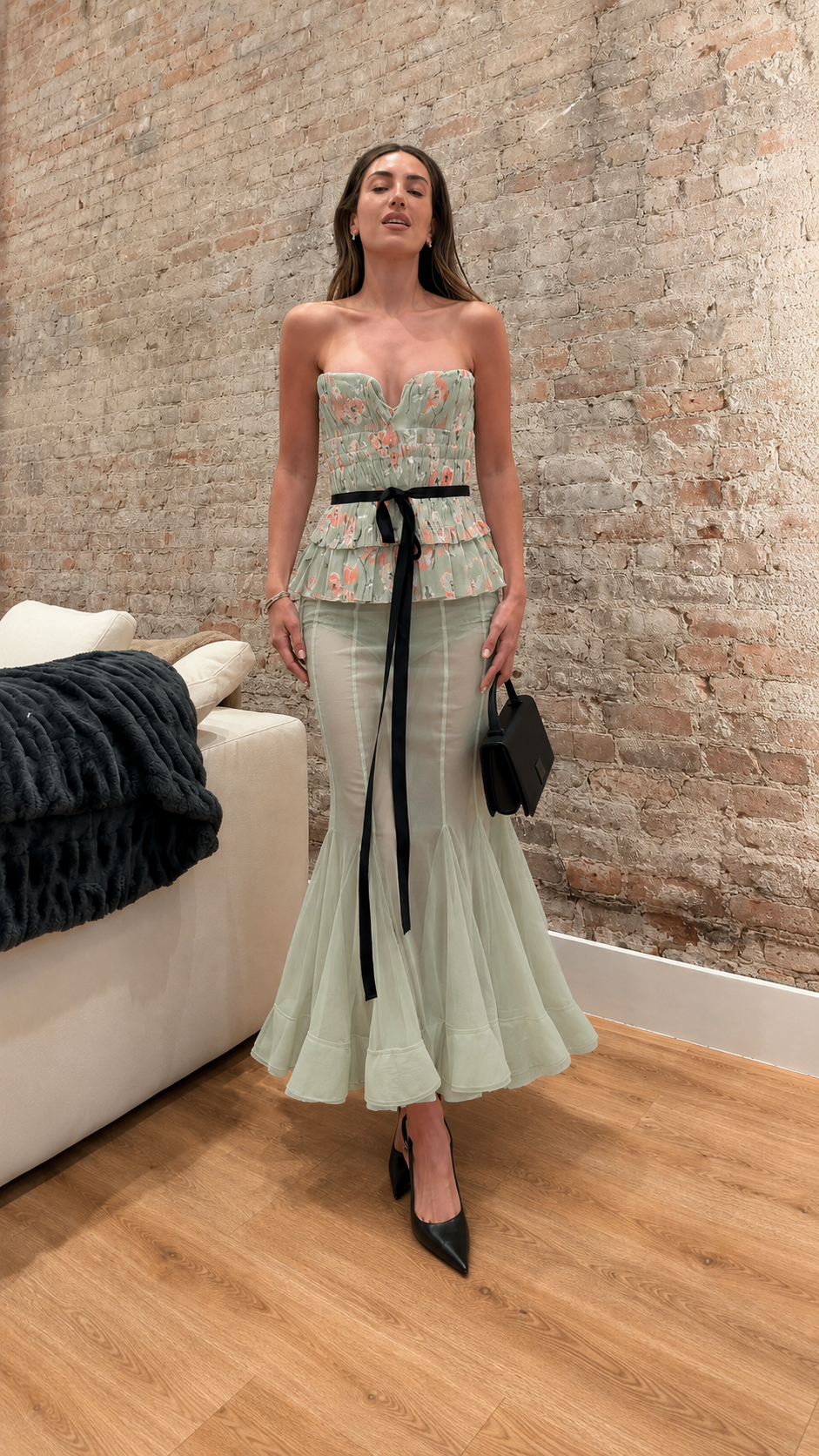 Front view of sage strapless floral peplum mermaid maxi dress