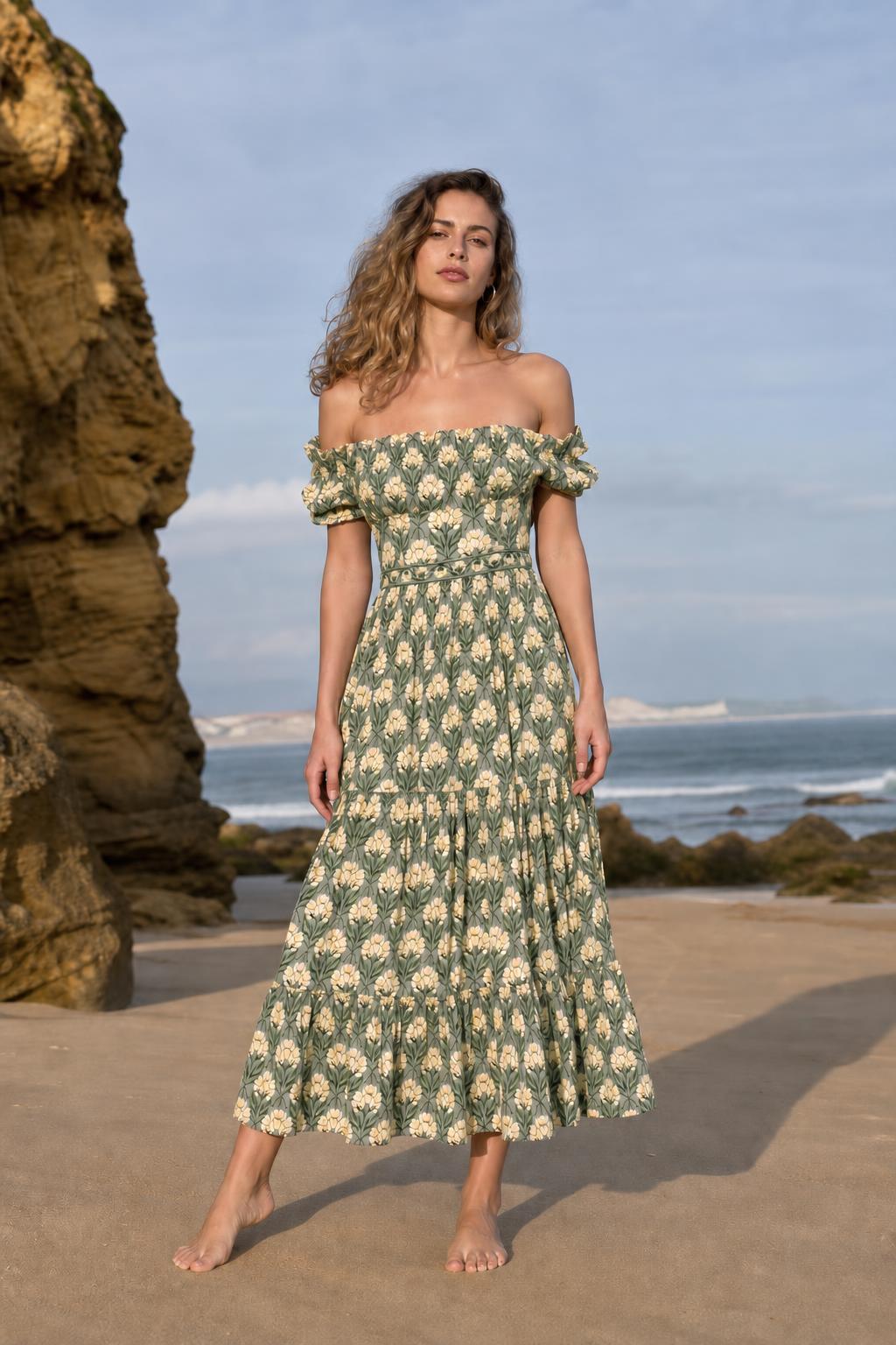 Woman wearing green floral off-the-shoulder midi dress
