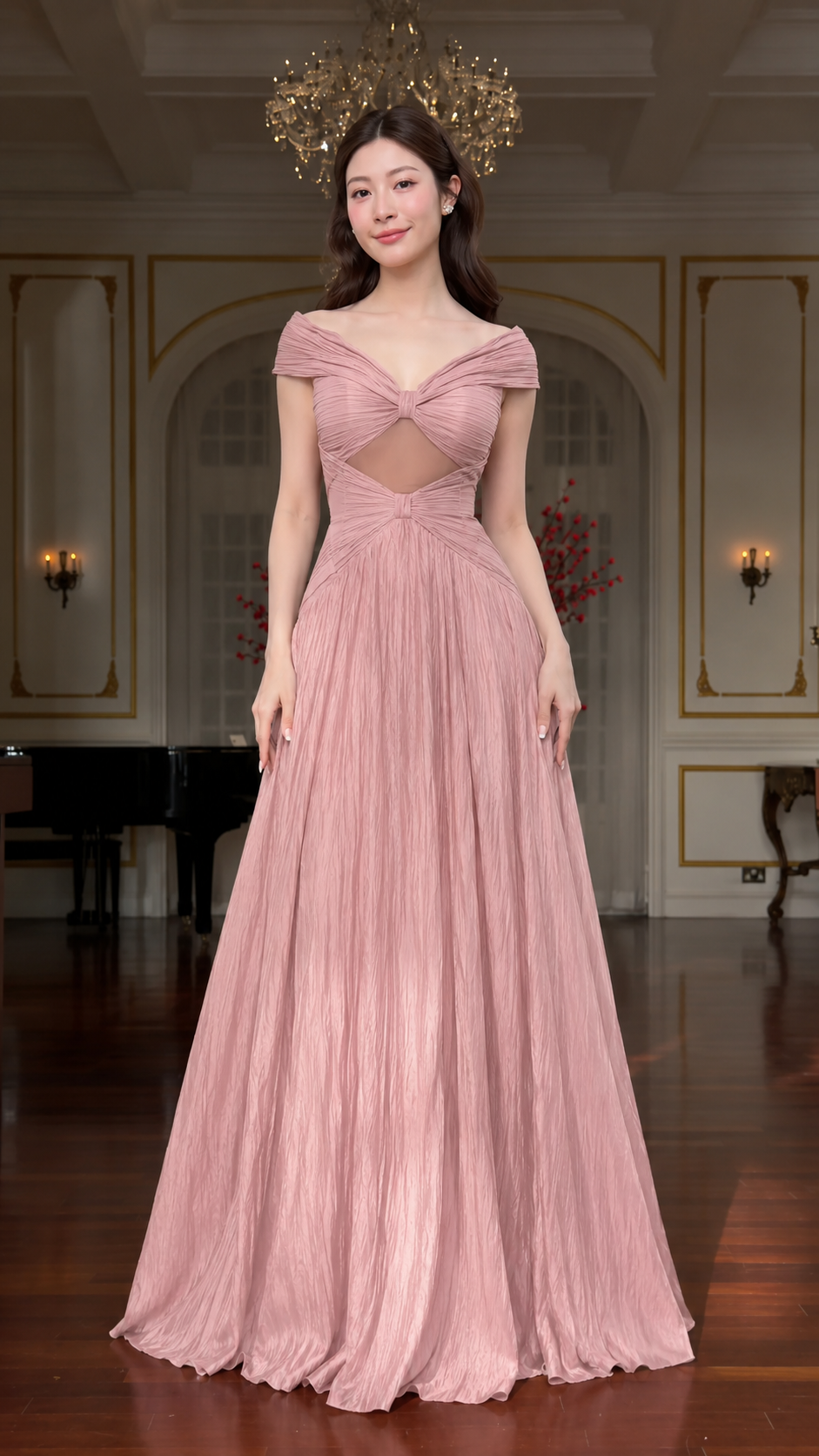 Front view of blush pink formal gown with twist bodice and airy pleated texture