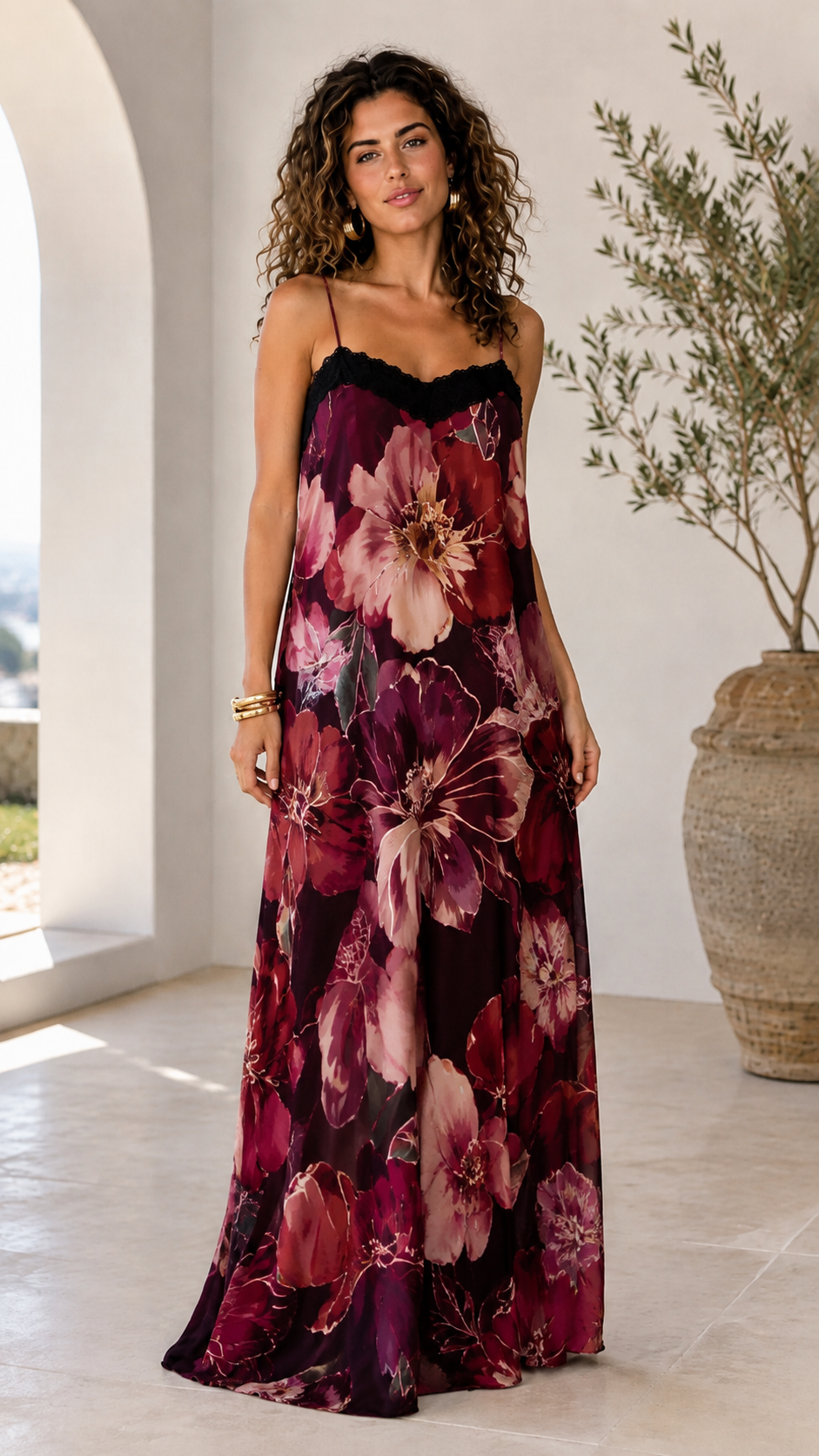 Front view of wine floral lace trim cami maxi dress