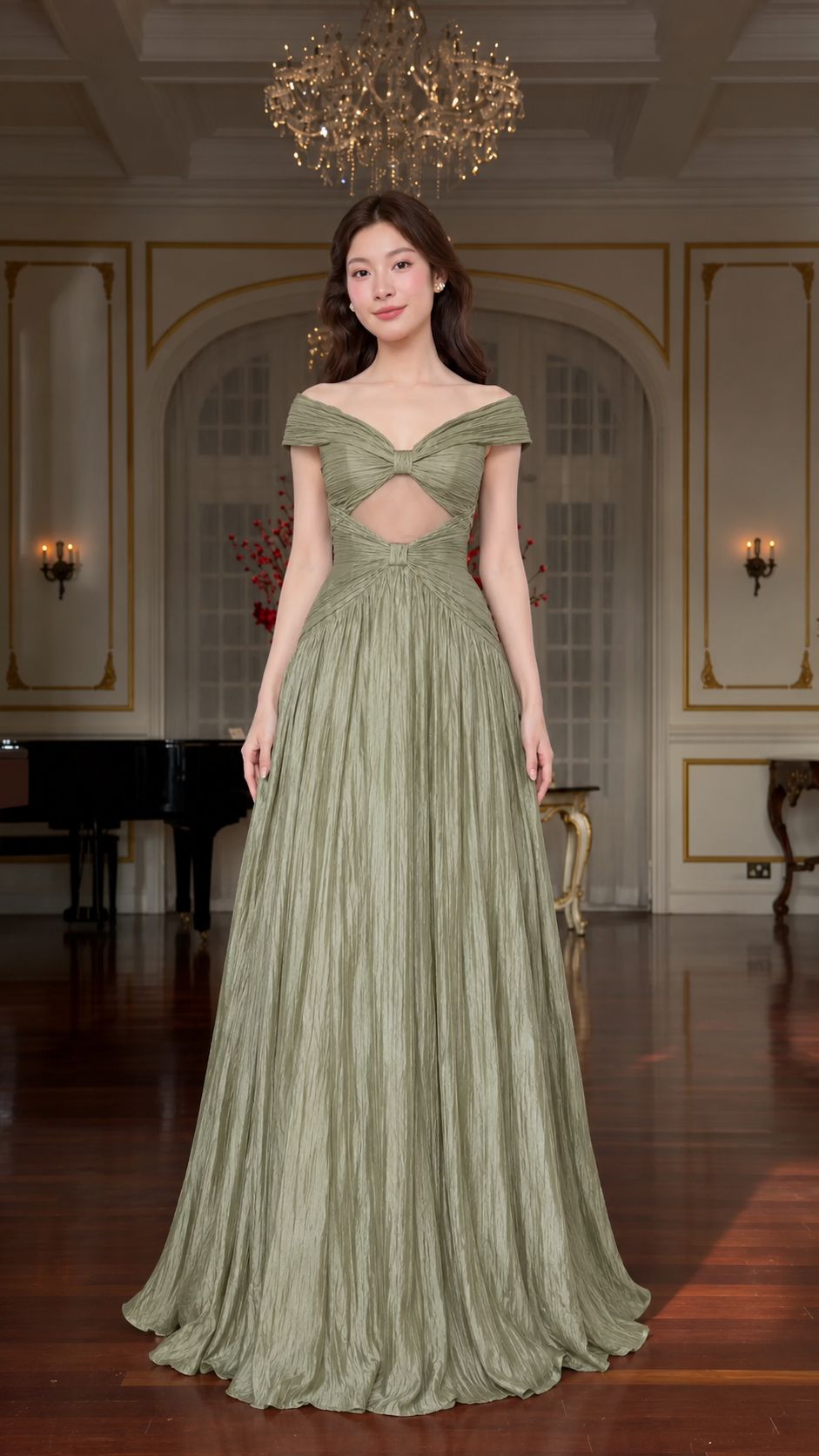 Front view of sage green off-shoulder gown with fitted waist and flowing skirt