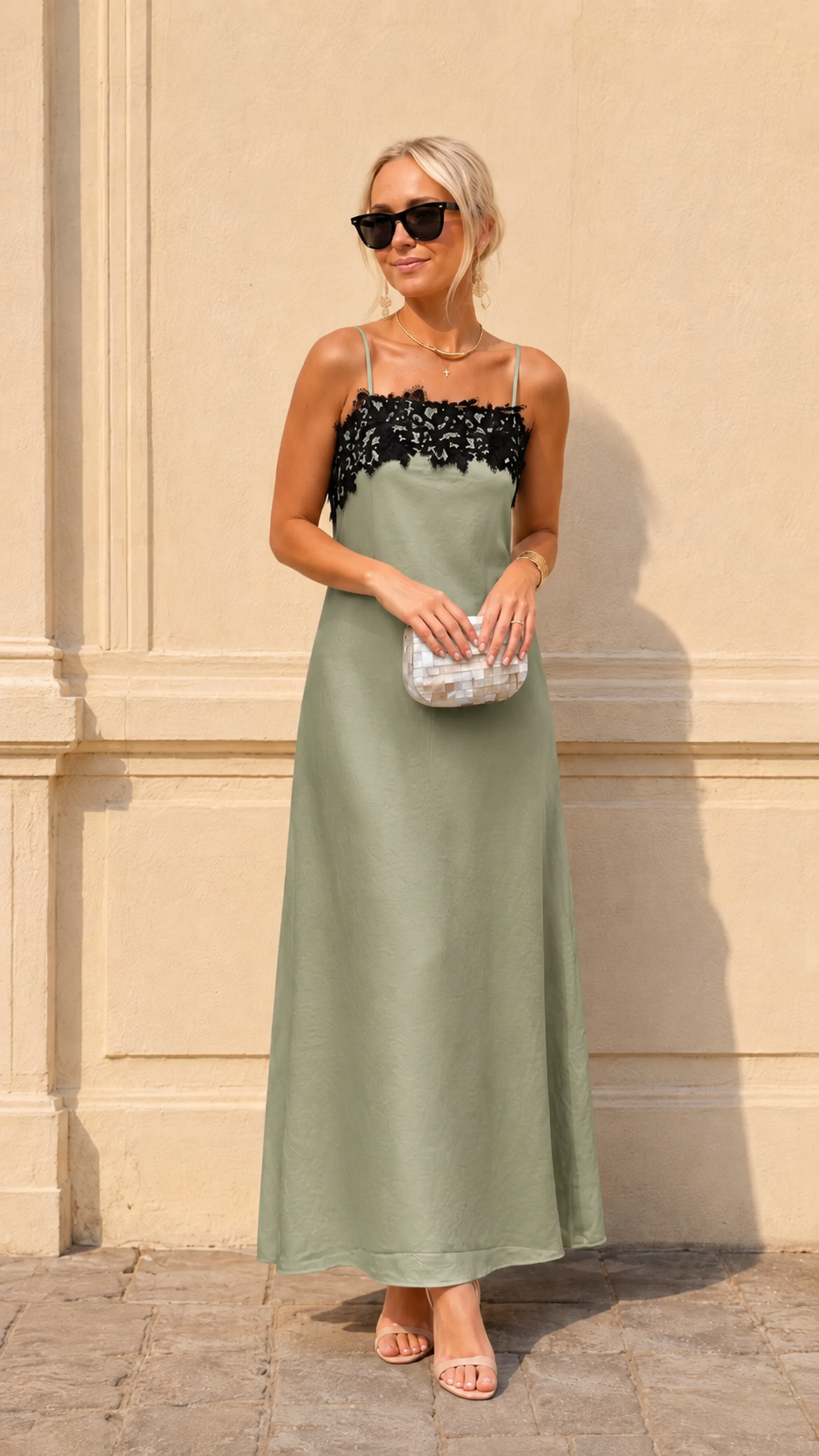 Sage satin-look maxi slip dress with black lace neckline front view