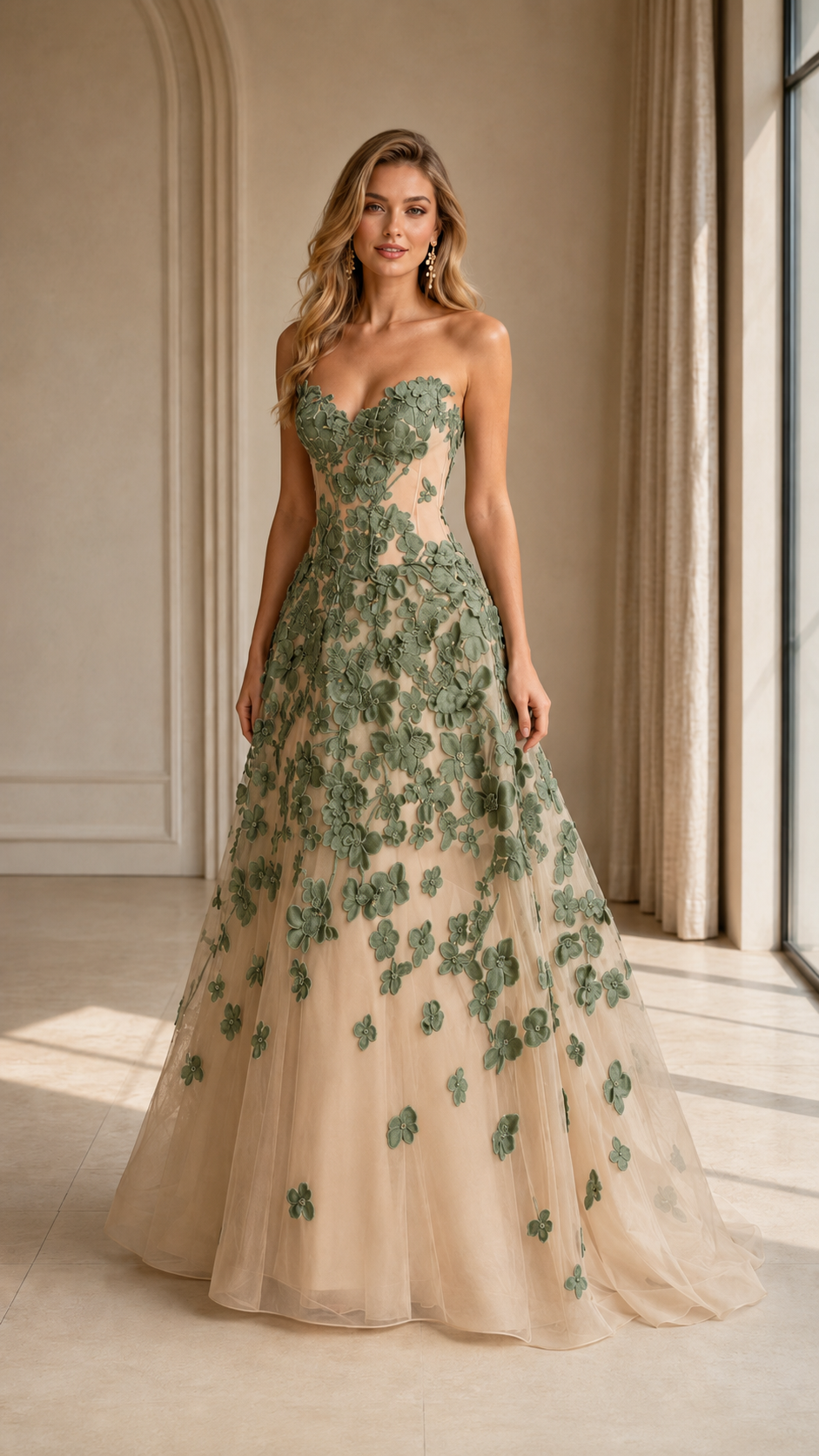 Front view of sage green floral appliqué strapless A-line dress