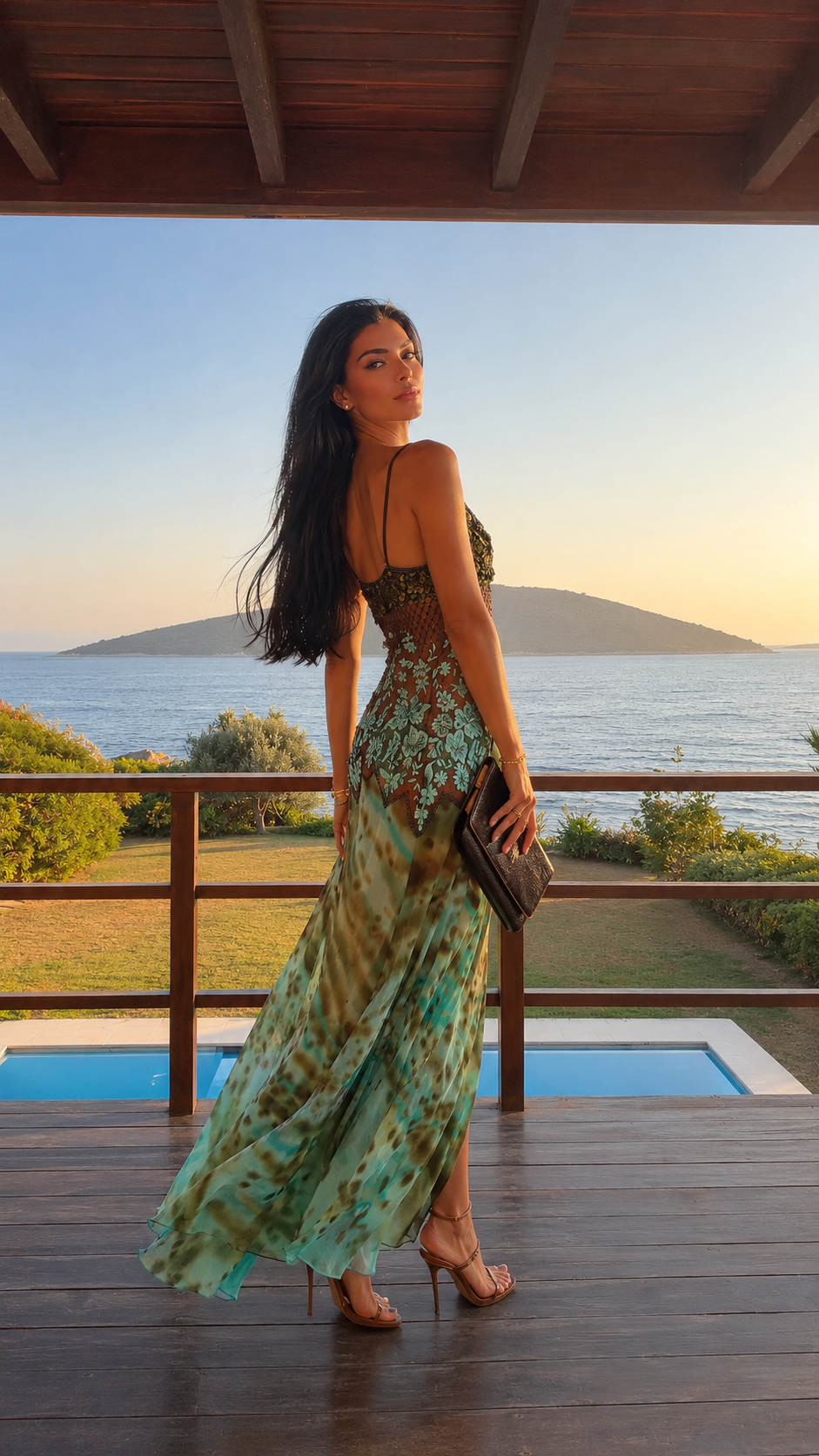 Back view of olive printed lace-panel spaghetti strap maxi dress