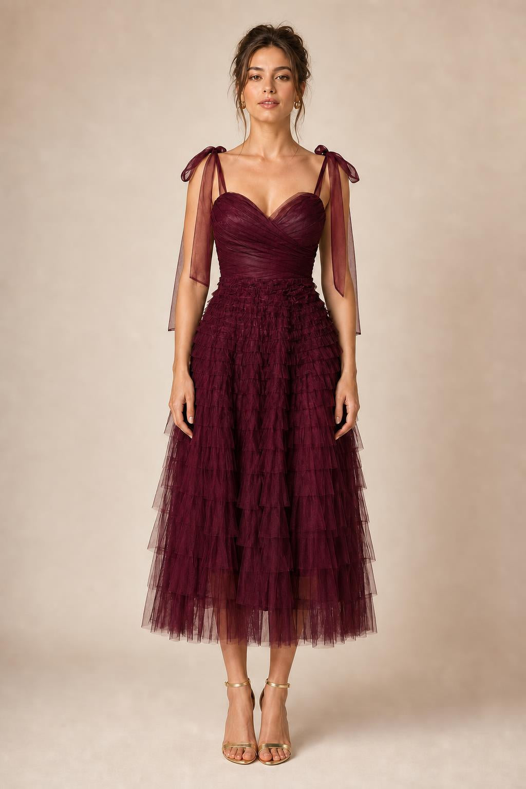 Ethereal Tiered Tulle Midi Dress in Burgundy