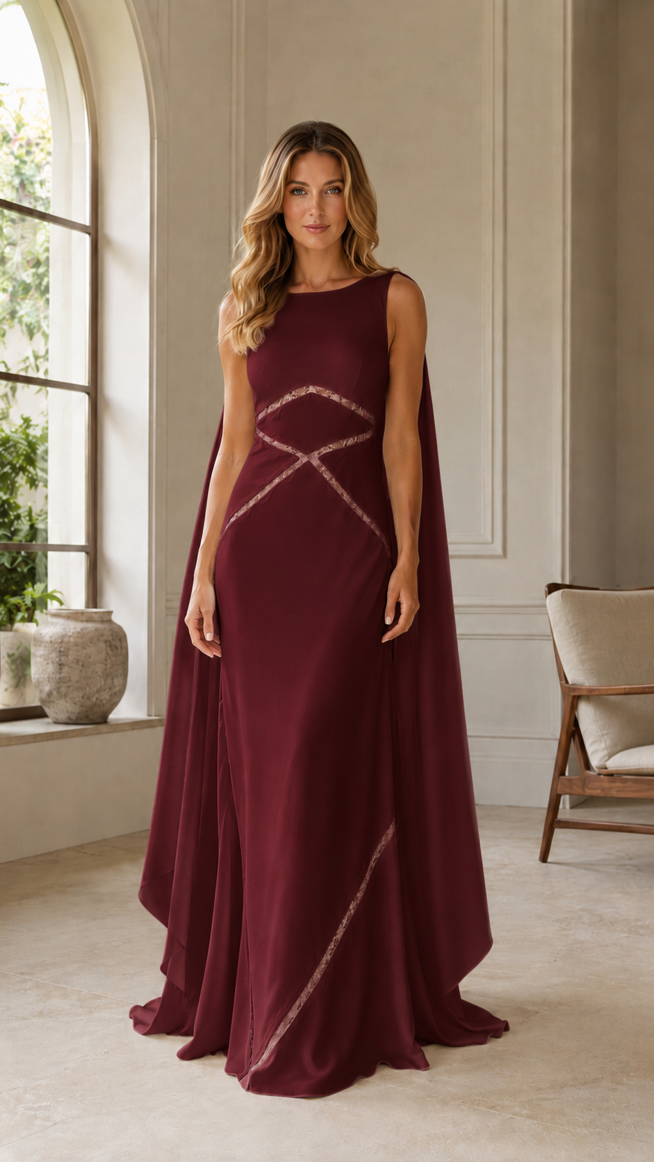Burgundy formal gown with flowing cape detail and diagonal embellished hem accent