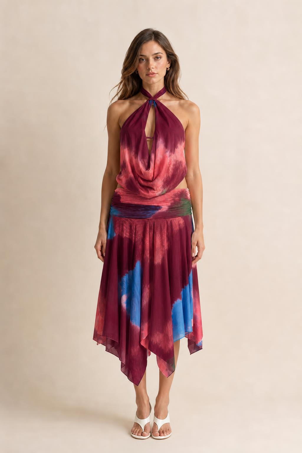 Front view of burgundy tie-dye color variant