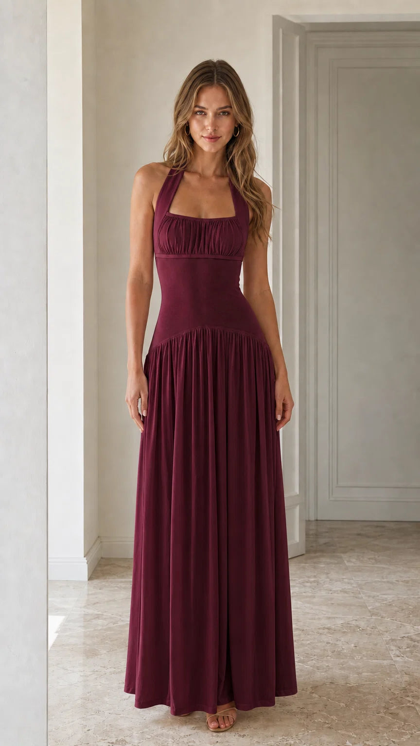 Front view of Burgundy halter neck maxi dress