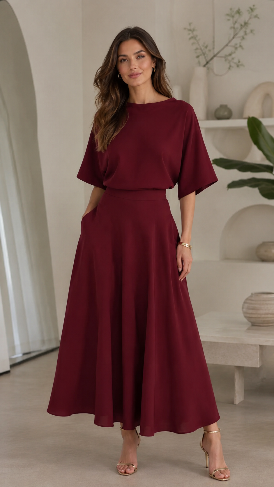 Burgundy midi maxi dress with belted waist and elegant drape