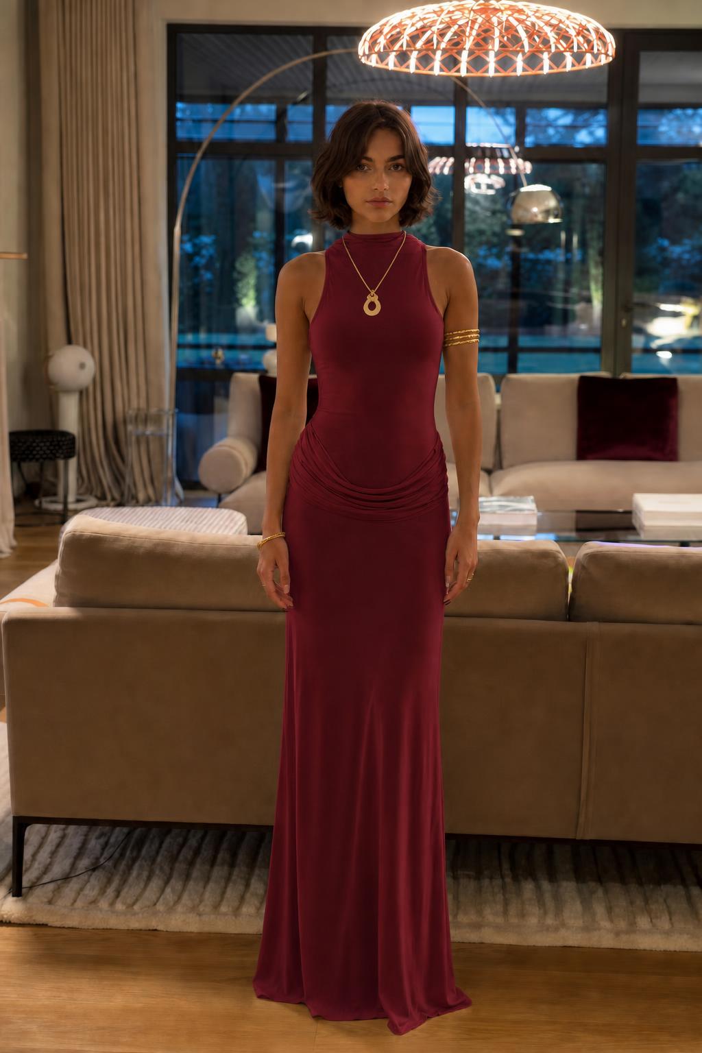 Front view of Burgundy high-neck maxi dress