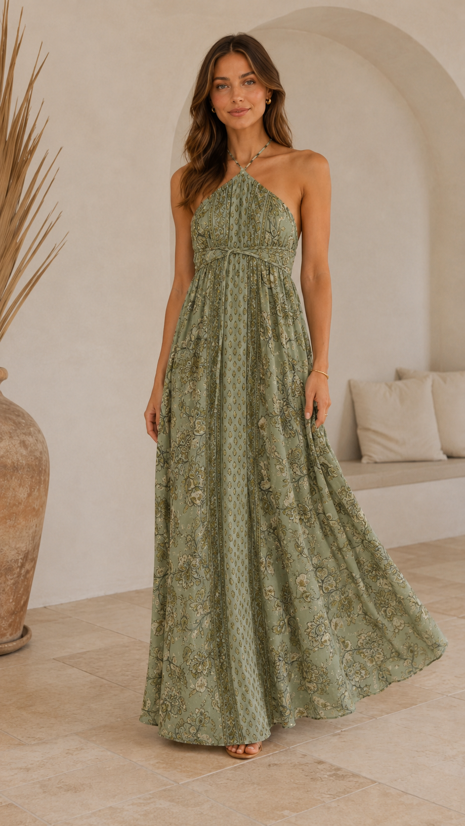 Front view of sage green halter maxi dress with flowing silhouette