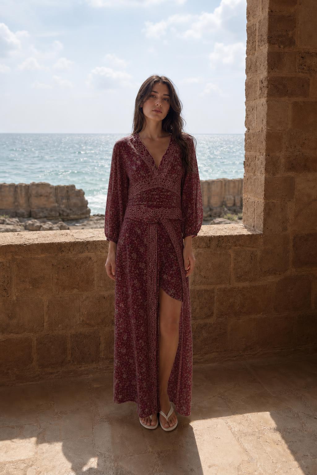 Front view of burgundy floral maxi dress variant