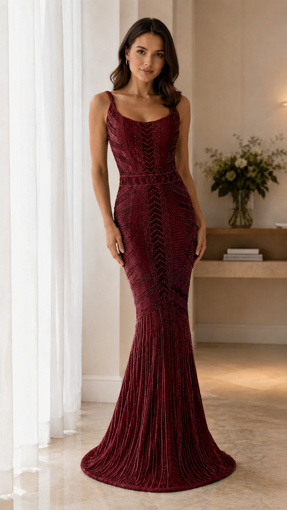 Front view of burgundy sequin mermaid evening gown with fitted bodice