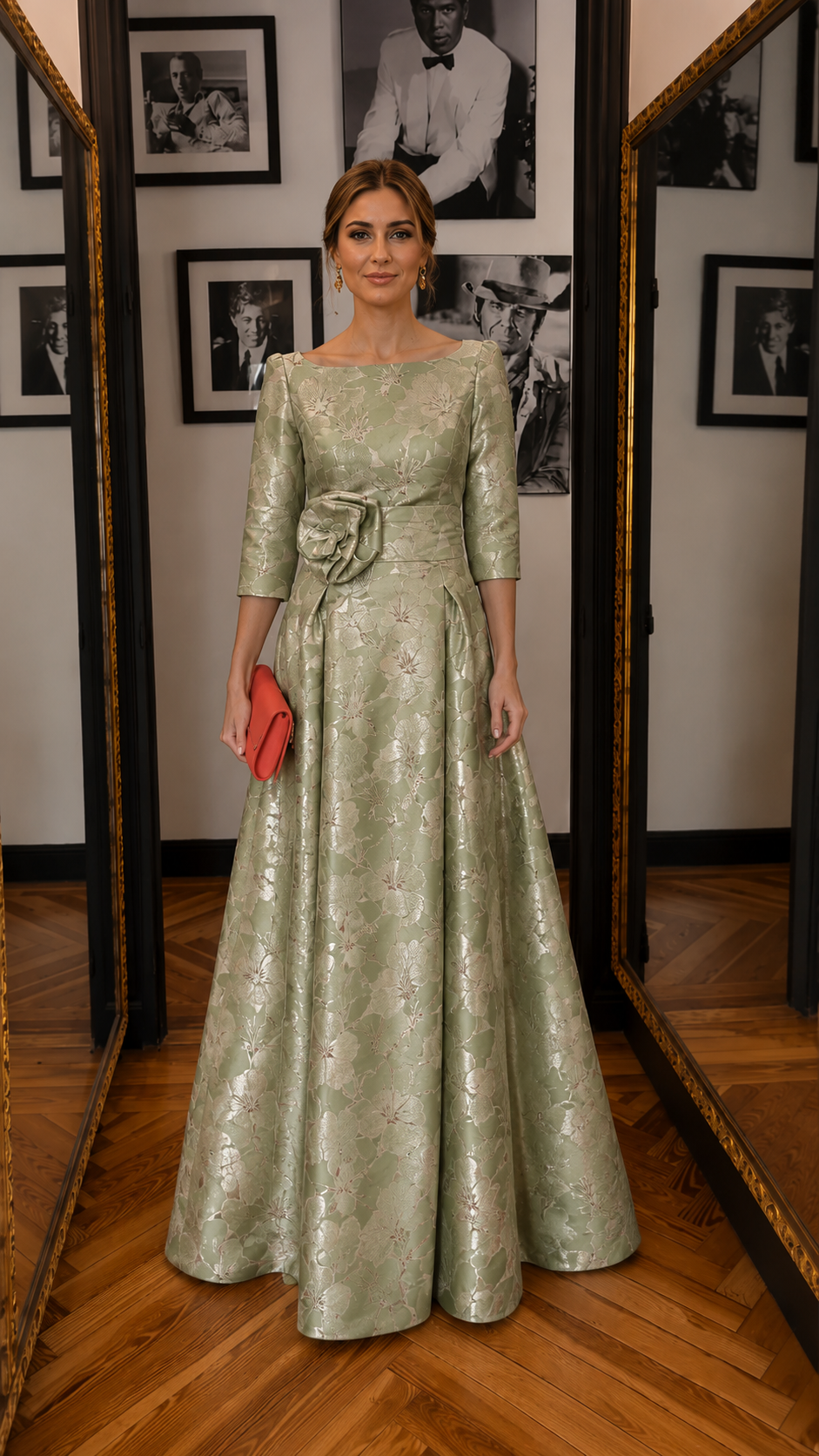 Front view of sage green floral jacquard floor-length gown with statement waist flower