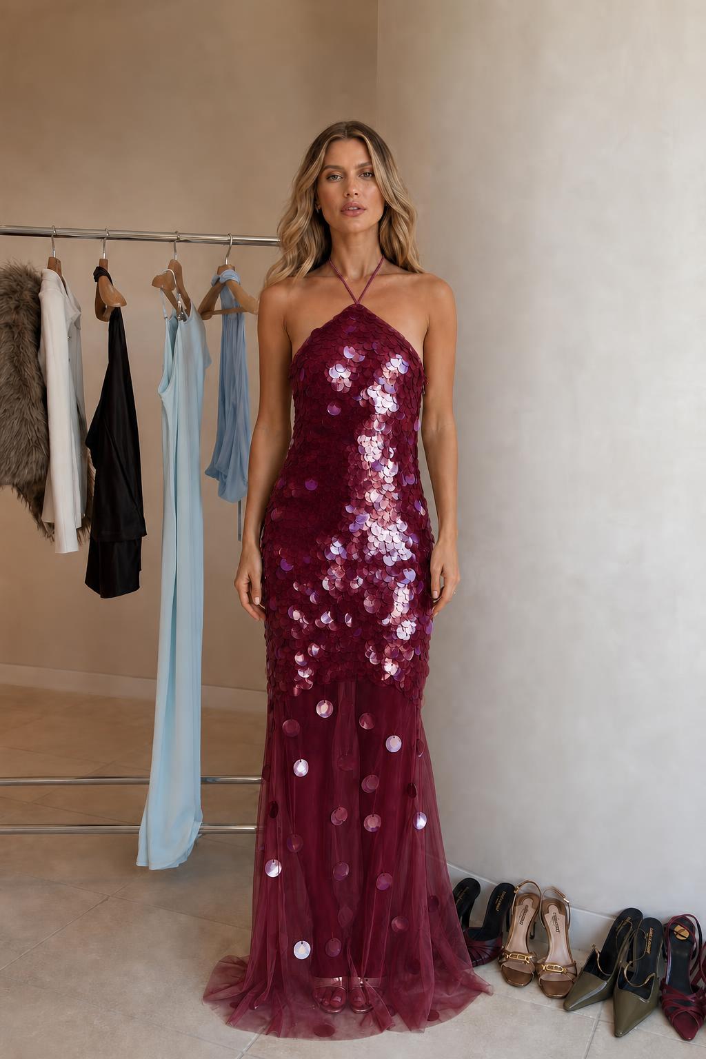 Front view of model wearing the burgundy sequined maxi dress