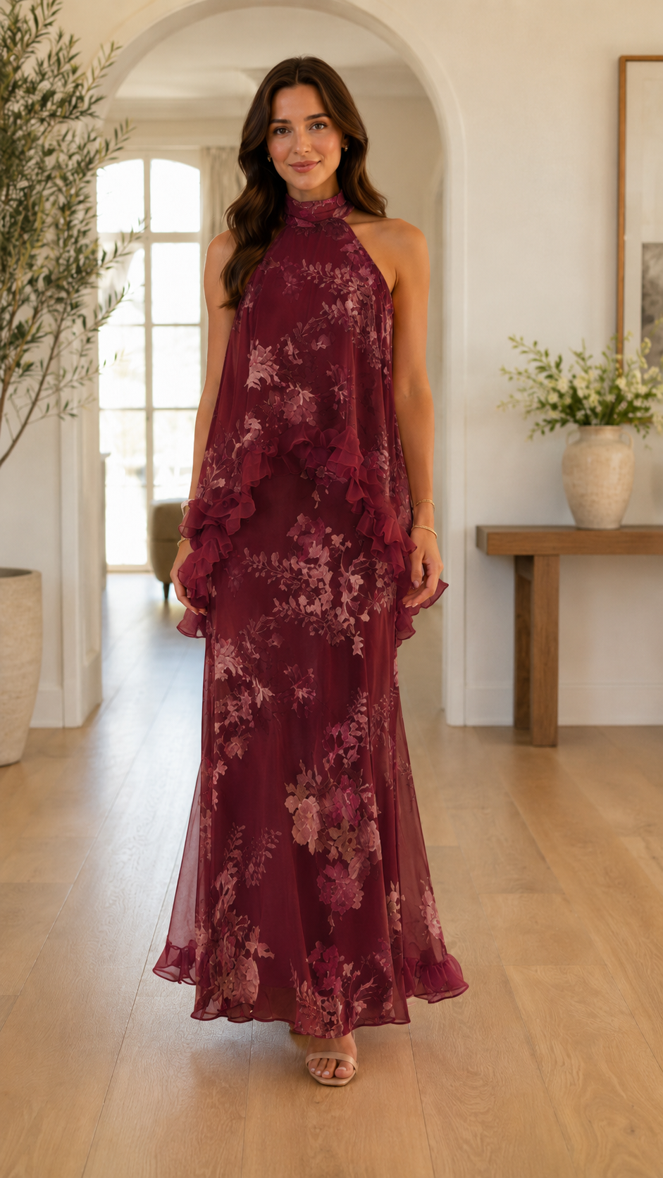 Front view of burgundy floral halter neck maxi dress with flowing maxi length