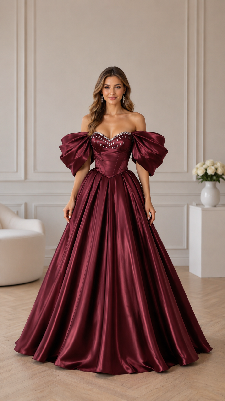 Front view of burgundy off-shoulder satin-look evening ball gown