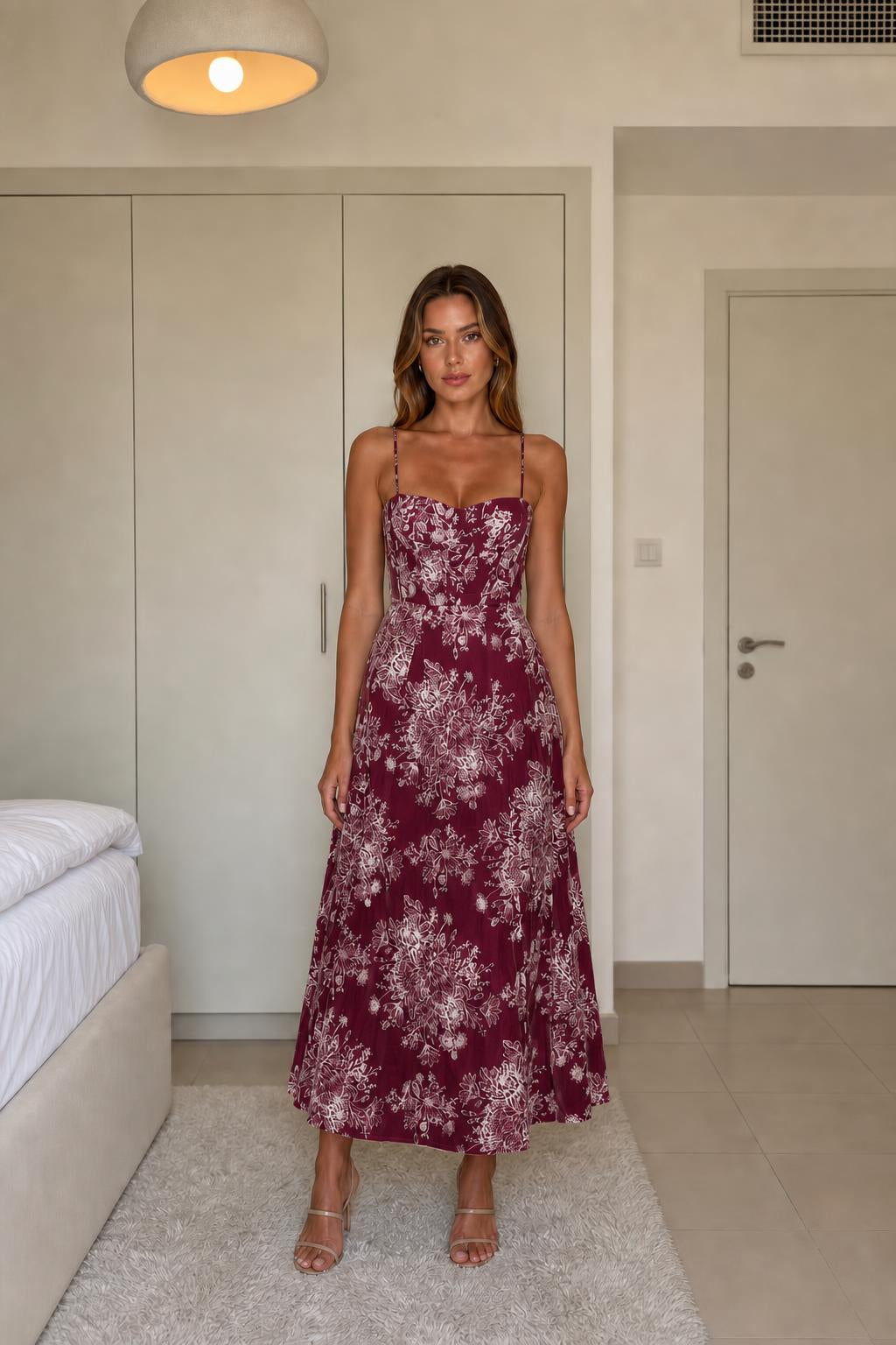 Burgundy floral midi dress variant