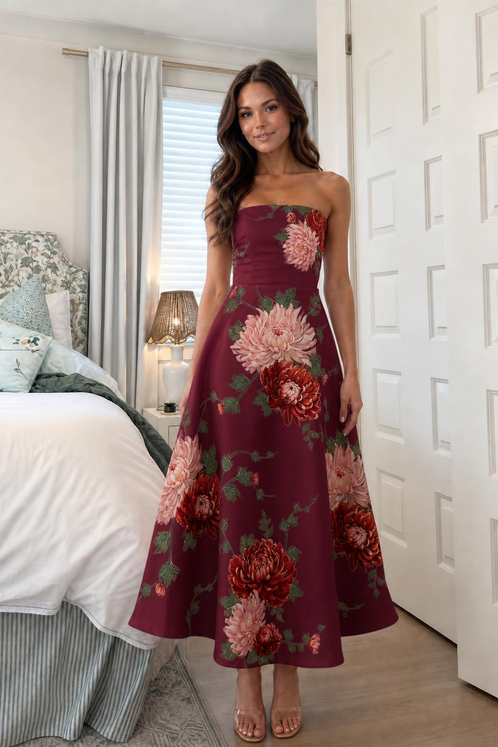 Woman wearing burgundy floral strapless midi dress