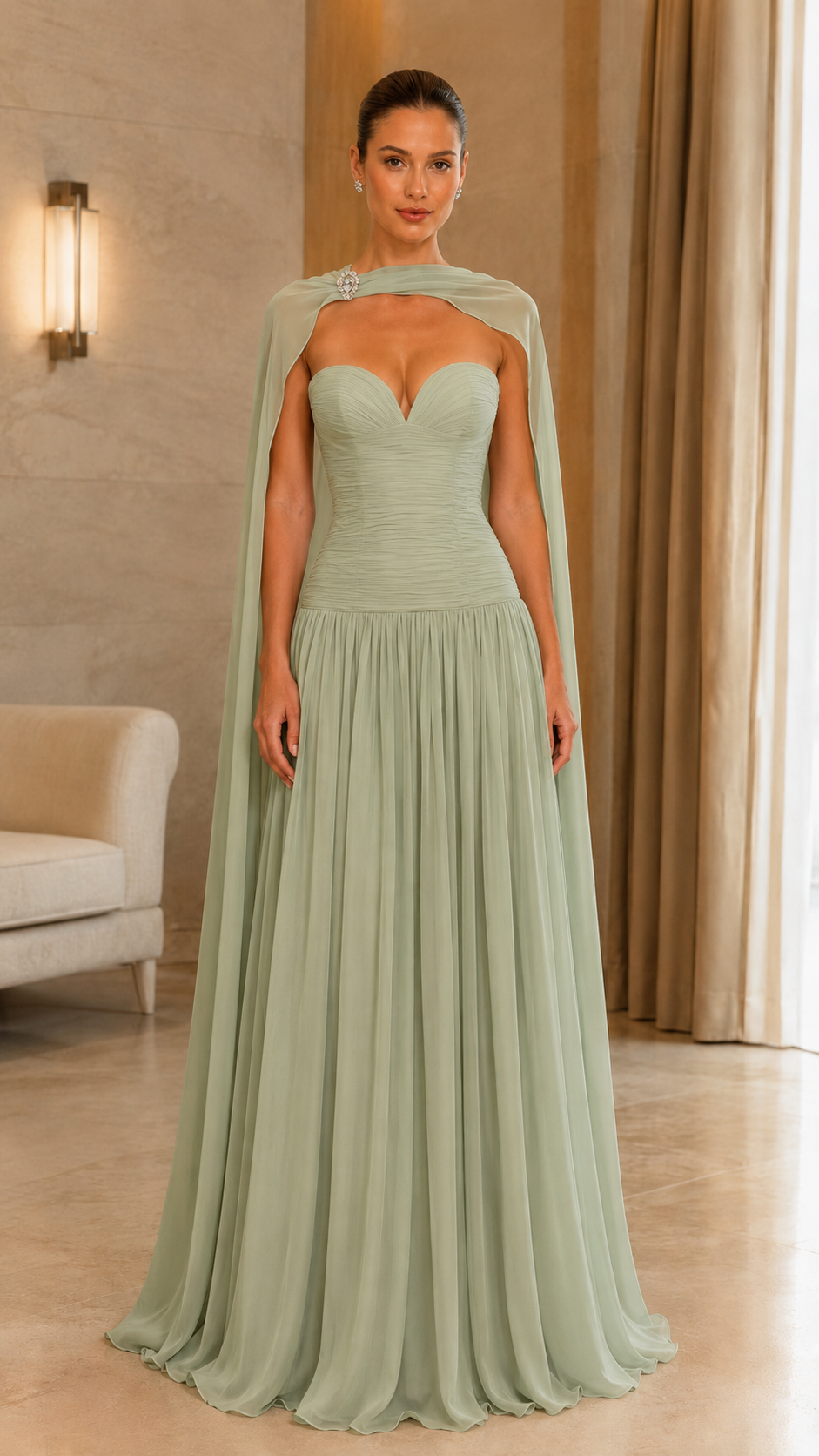 Front view of sage green sweetheart cape maxi gown for formal occasions