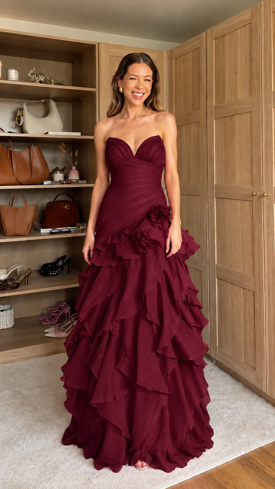 Front view of burgundy strapless sweetheart ruffle tiered maxi gown