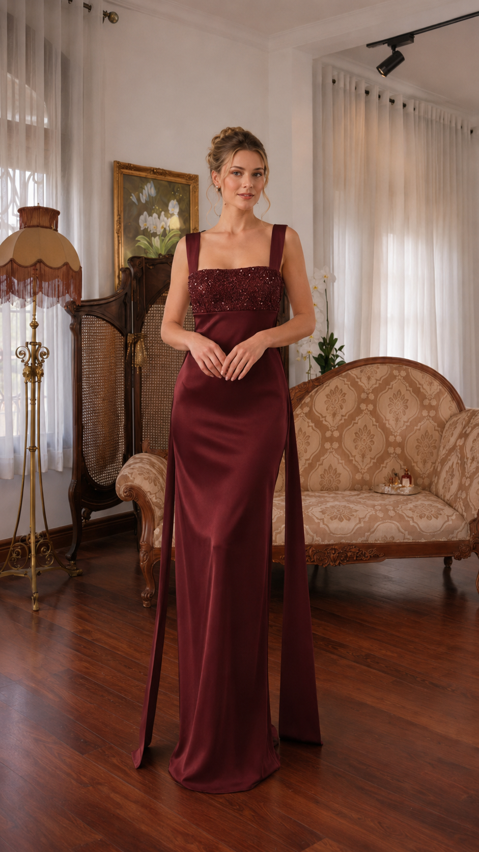 Burgundy satin-look evening gown with textured bodice and elegant slim skirt