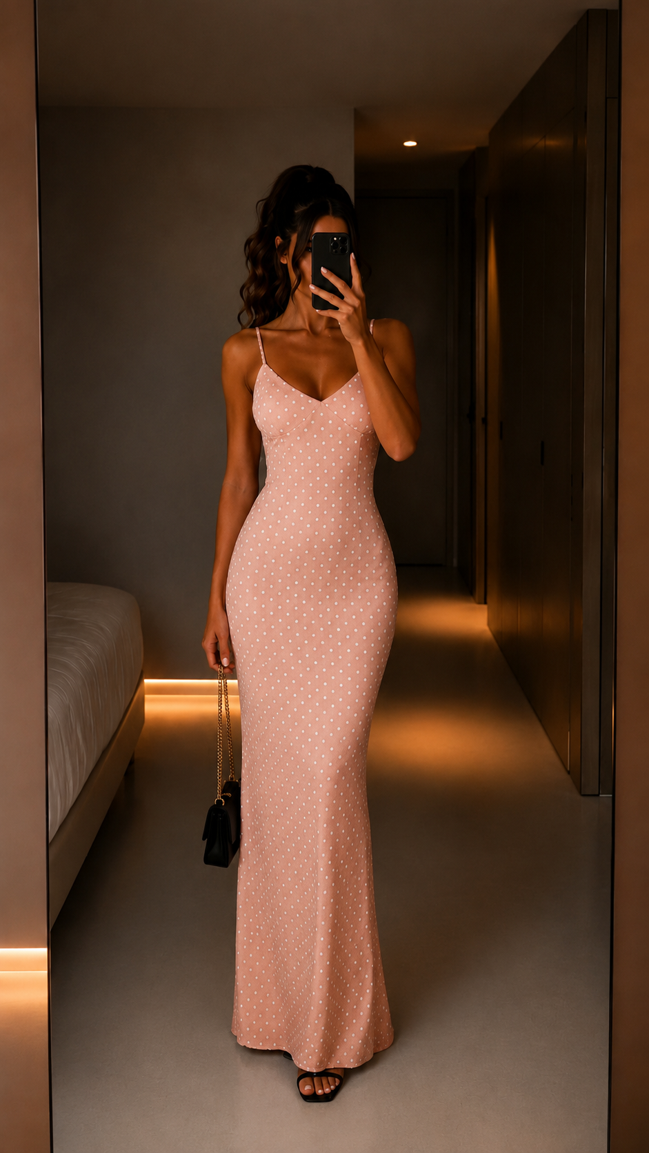 Blush pink polka dot spaghetti strap maxi dress front view