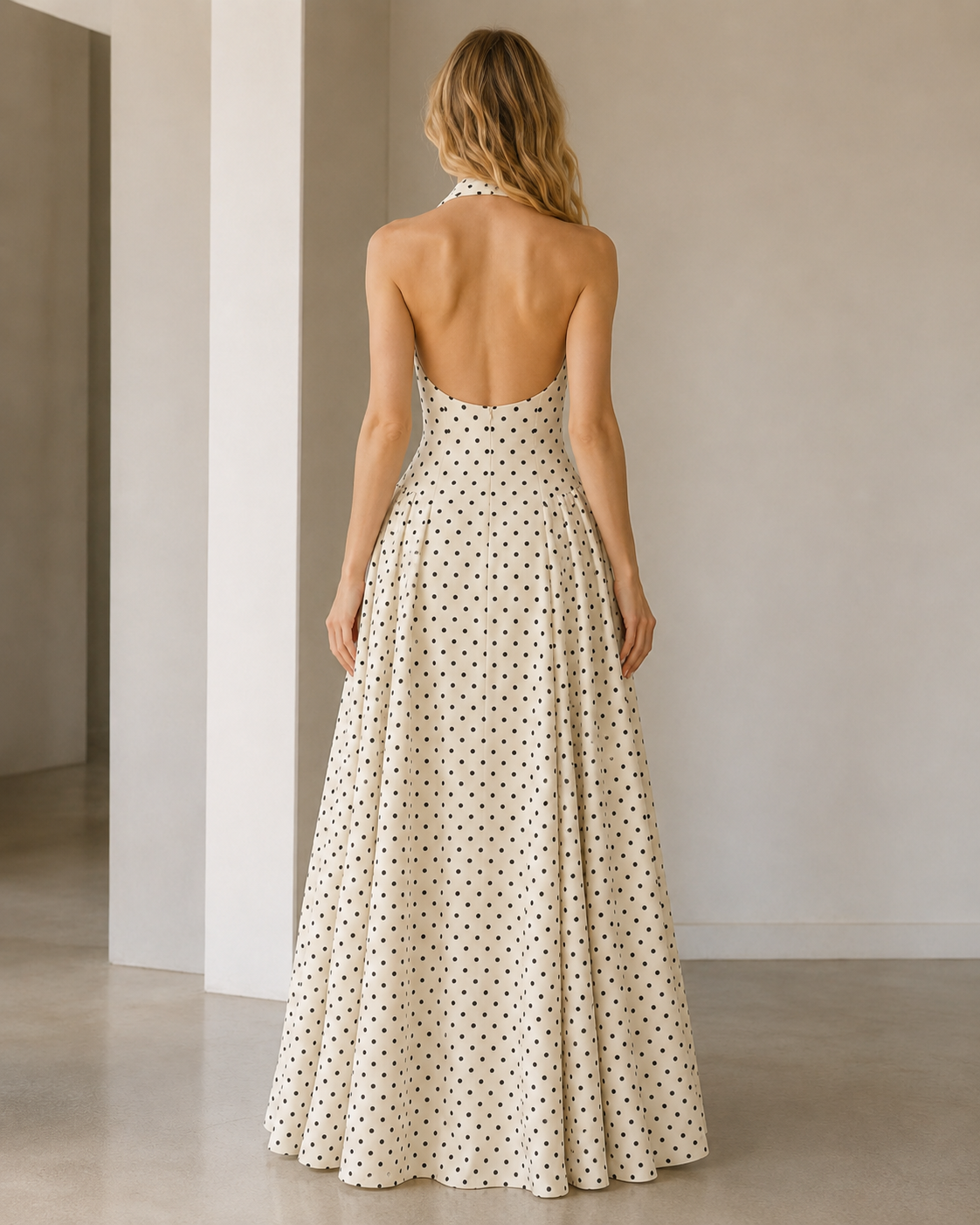 Back view of cream polka dot halter maxi dress with open back