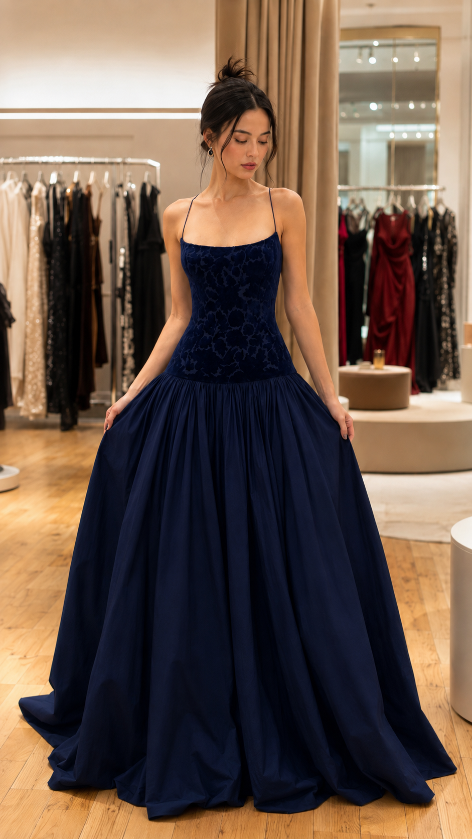Navy blue evening gown with textured velvet-look bodice and voluminous maxi skirt