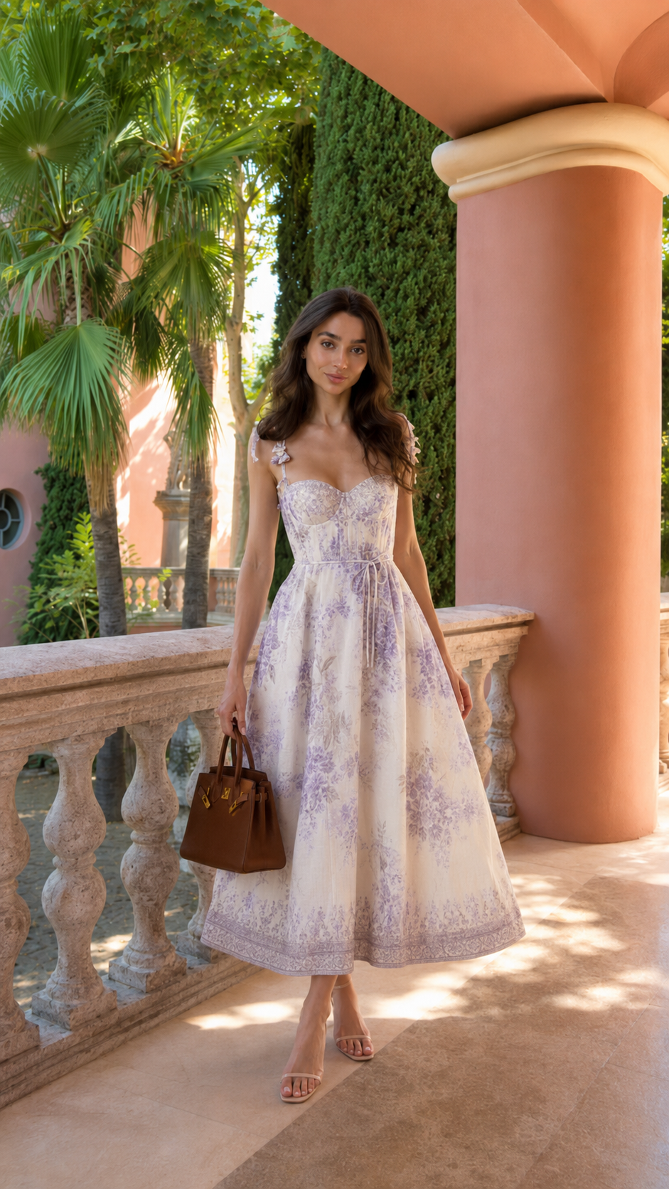 Front view of lavender floral midi dress with sweetheart neckline and midi length