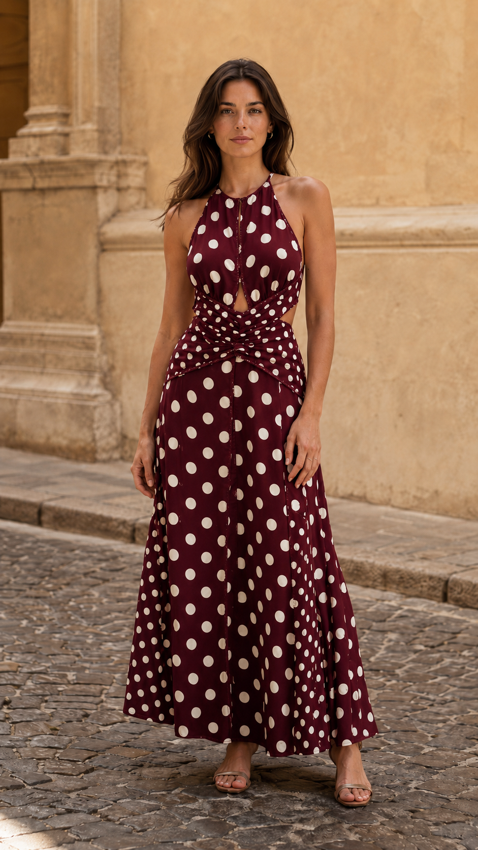 Front view of burgundy polka dot halter maxi dress with twist-front waist detail