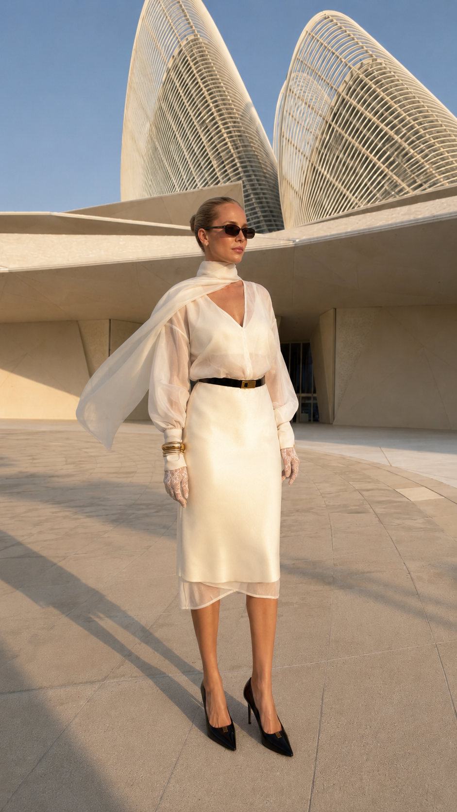 Side angle of cream sheer sleeve scarf neck belted midi dress