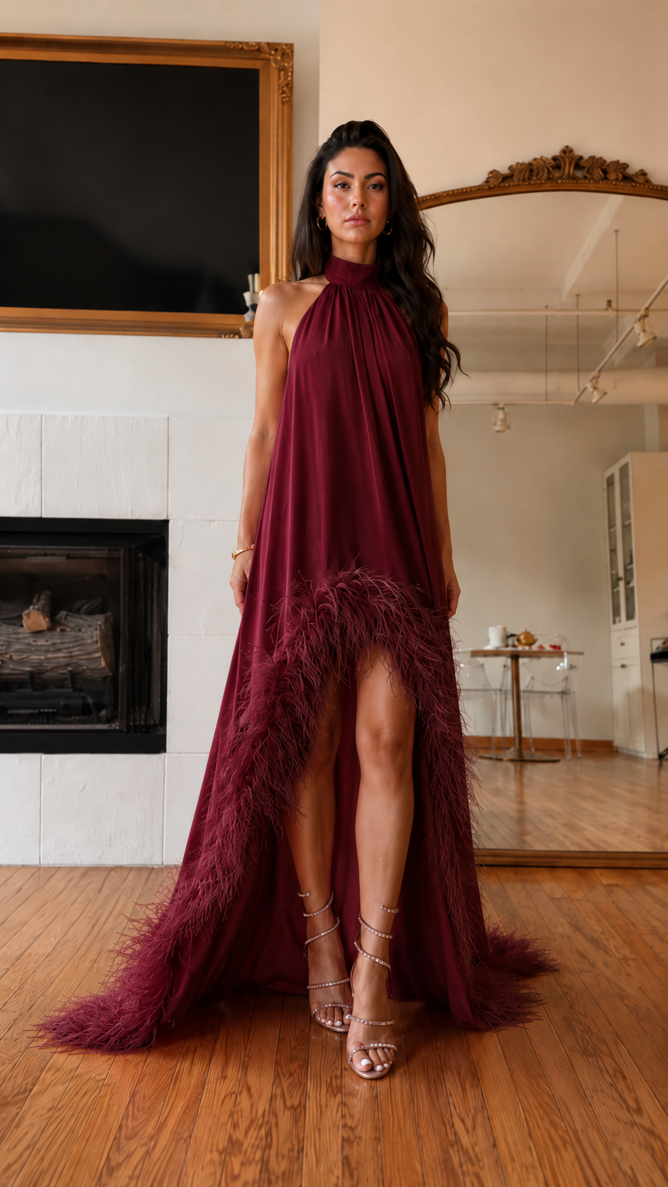 Front view of burgundy halter high-low maxi dress with feather trim hem