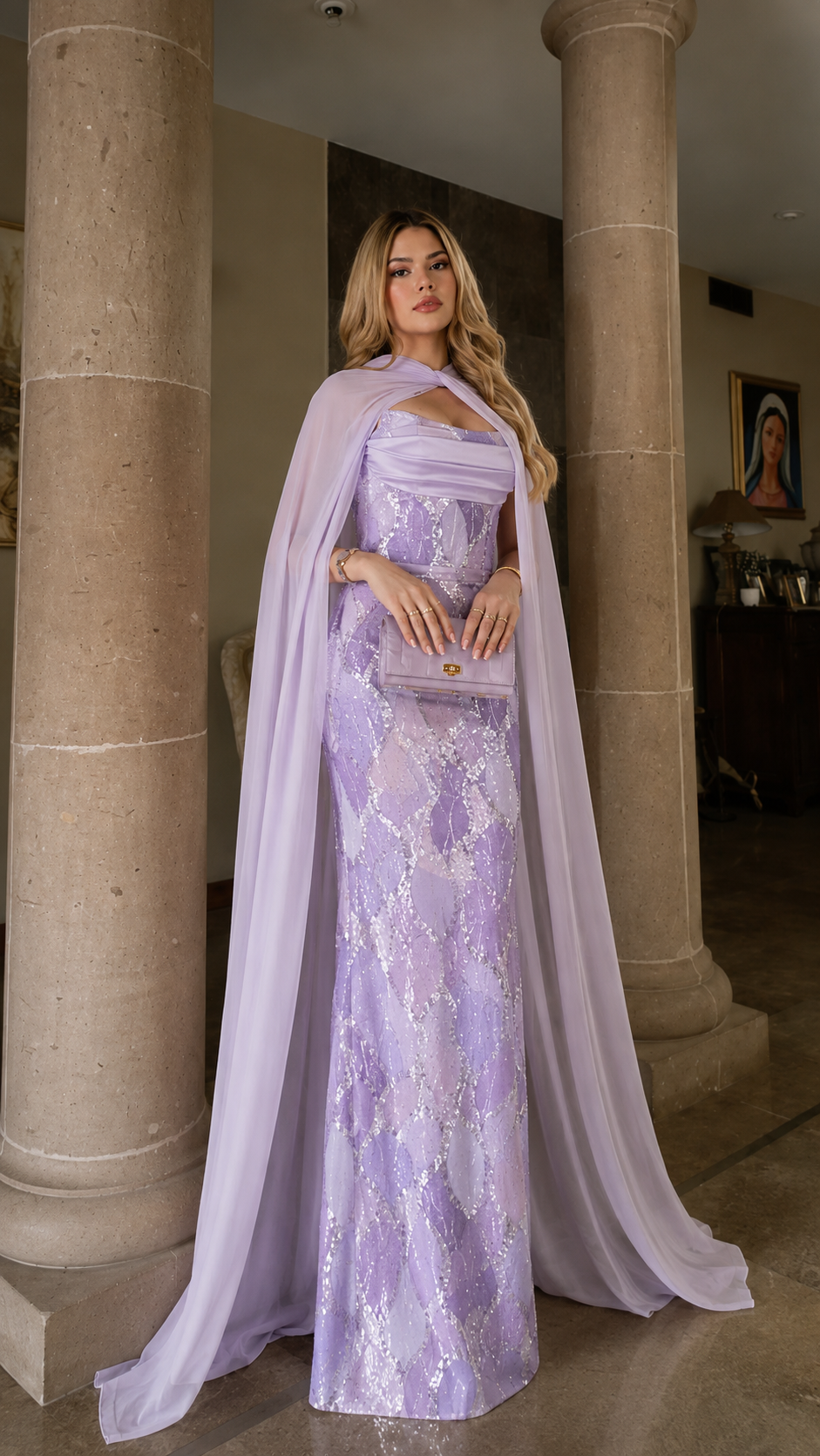 Lavender formal mermaid gown with sparkling finish and chiffon cape