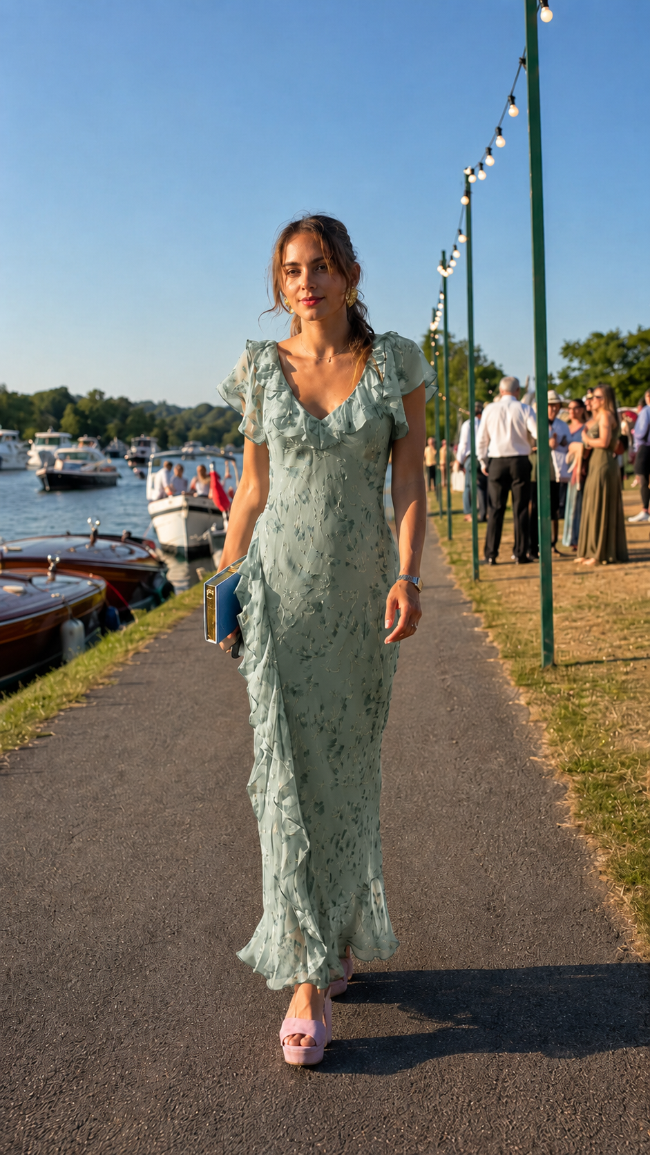 Front view of sage green floral textured maxi dress with ruffled V-neck