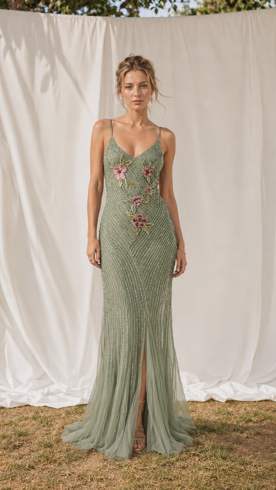 Front view of sage green embroidered sequin mermaid maxi dress
