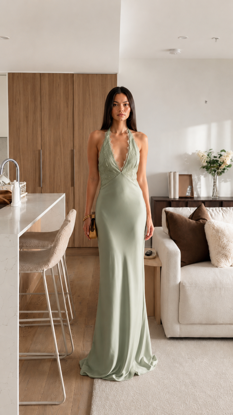 Front view of sage green halter backless maxi dress with lace-look trim