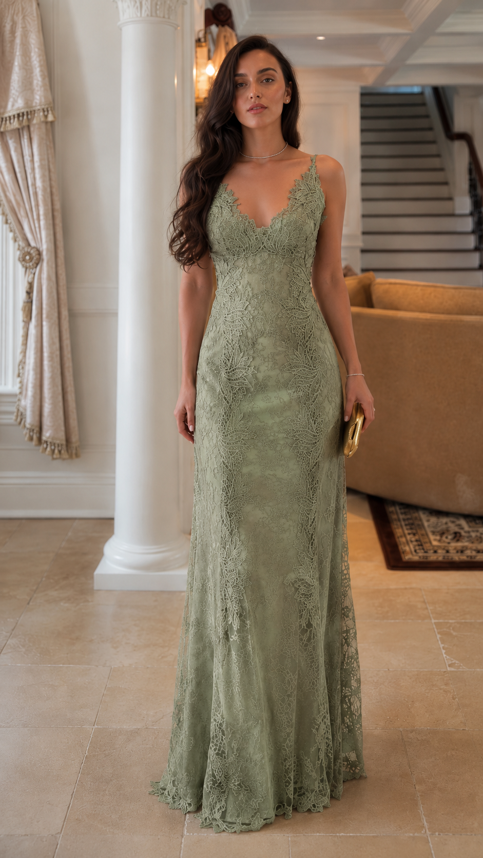 Front view of sage green lace mermaid floor-length dress