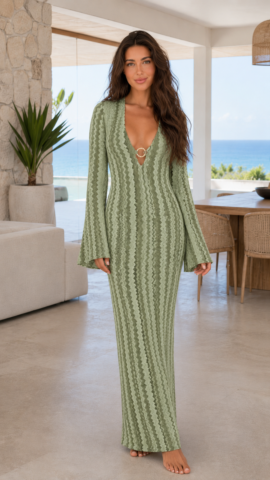 Front view of sage green textured fitted maxi dress