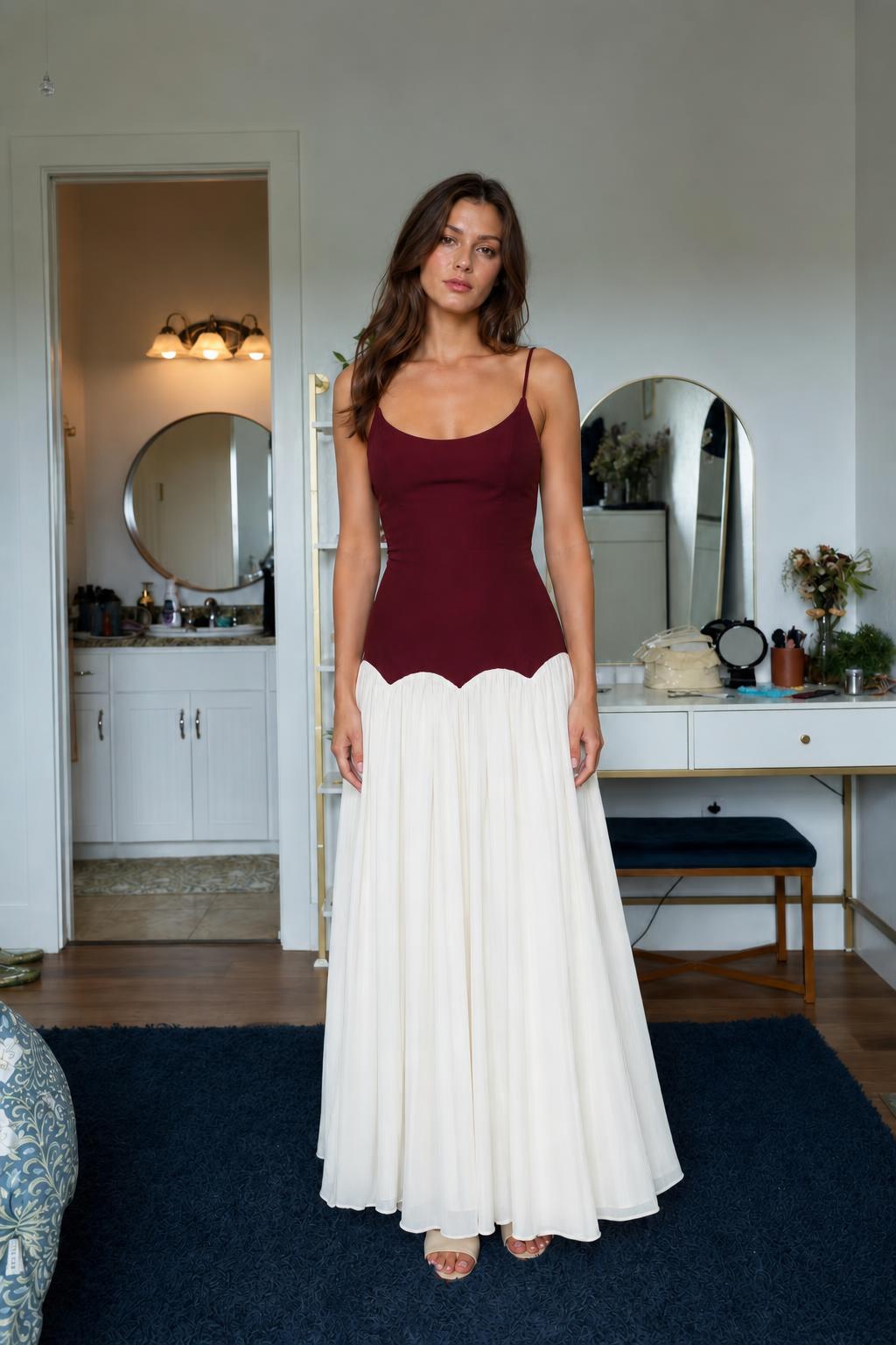 Front view of burgundy and white contrast maxi dress