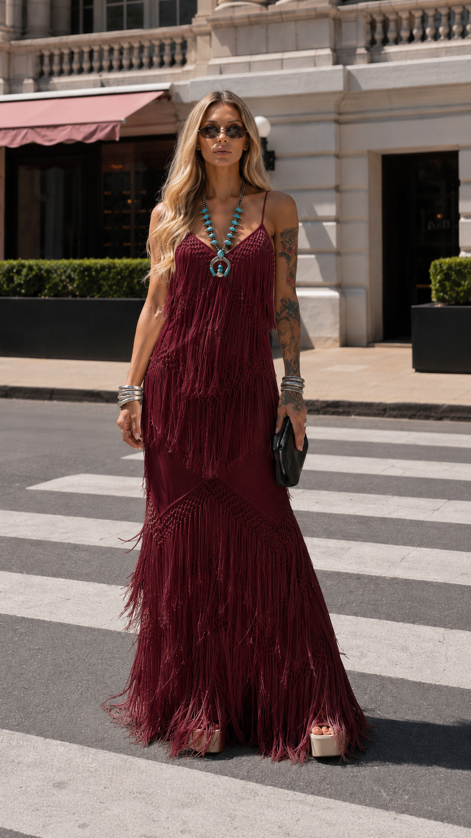 Front view of burgundy fringe cami maxi dress with dramatic movement