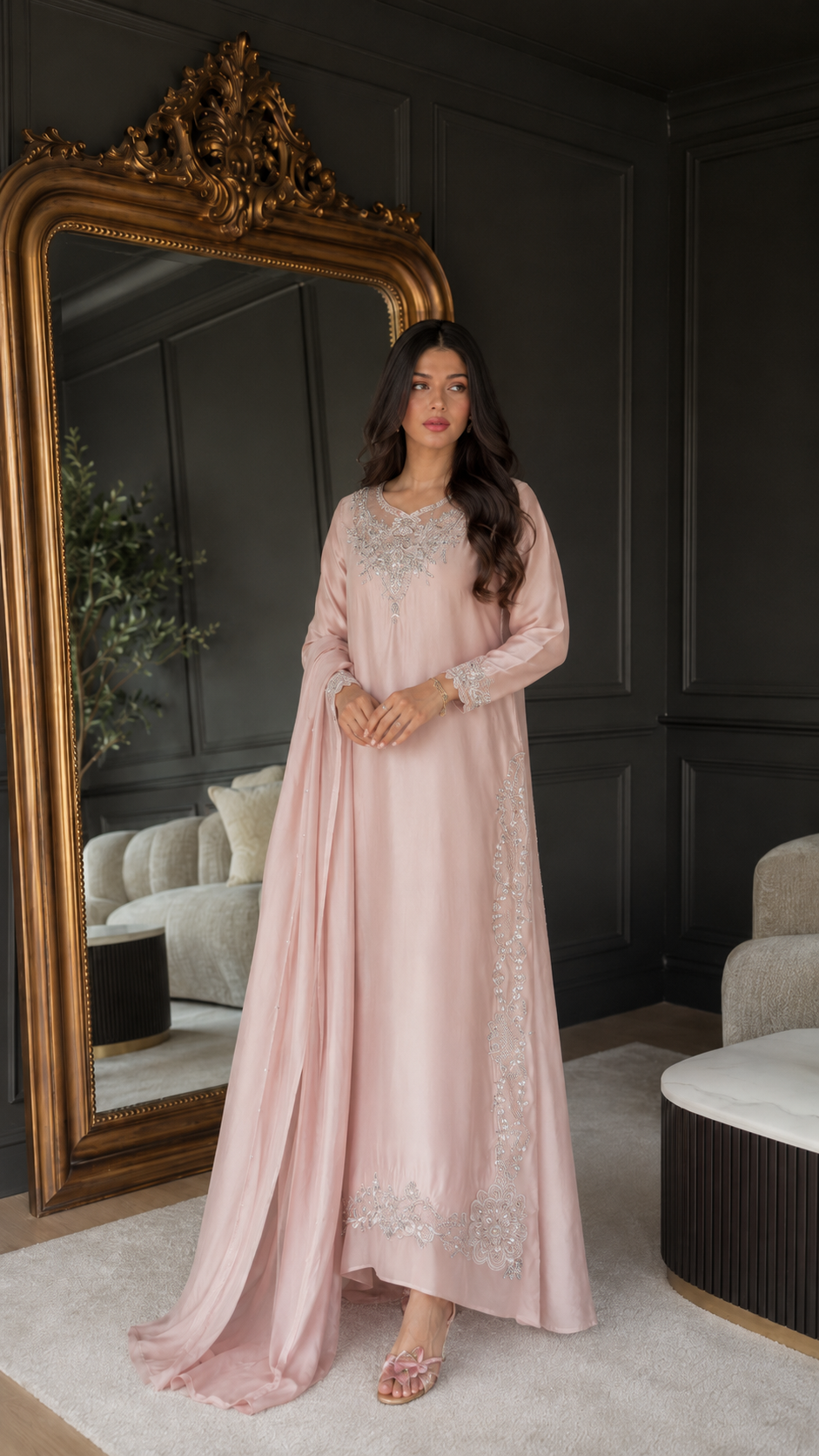 Front view of blush pink flowing maxi dress with side embroidery and embellished cuffs