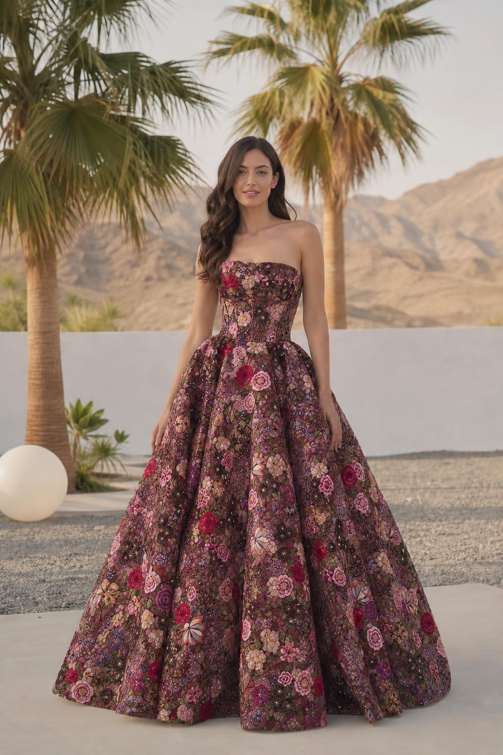 Front view of burgundy multi floral embroidered evening dress