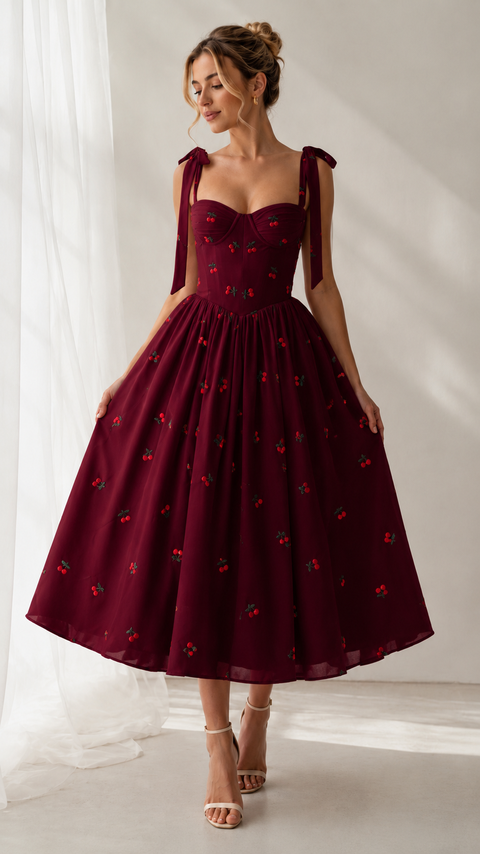 Front view of burgundy cherry print tie-strap sweetheart midi dress