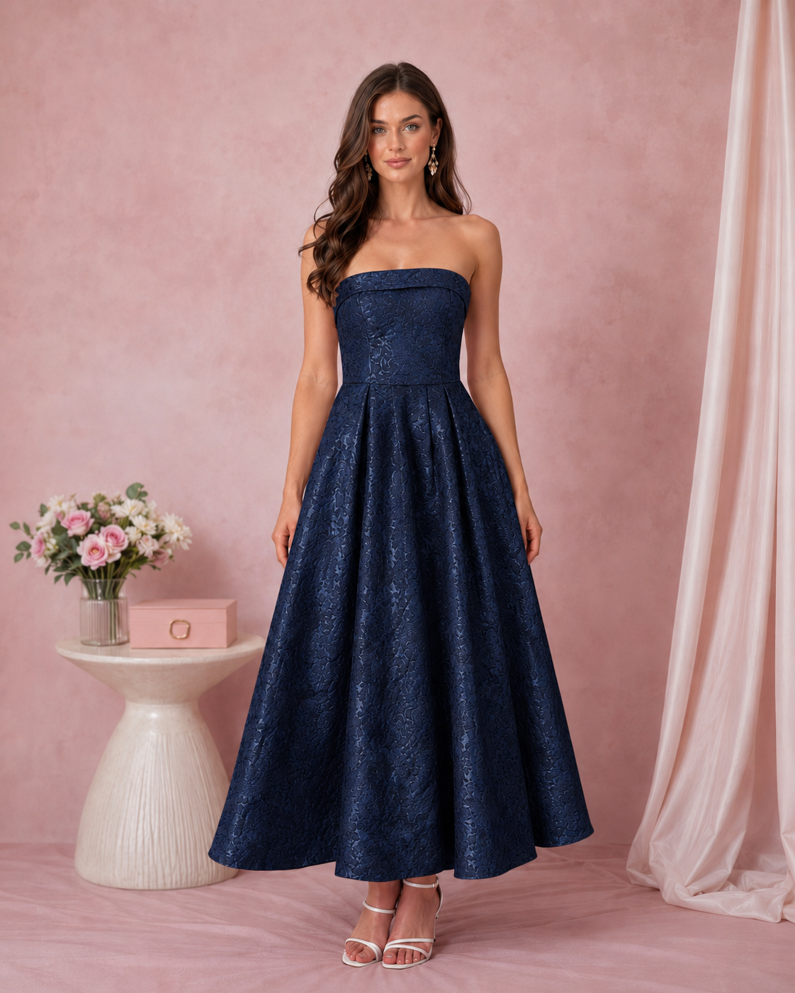 Front view of navy strapless jacquard A-line midi dress