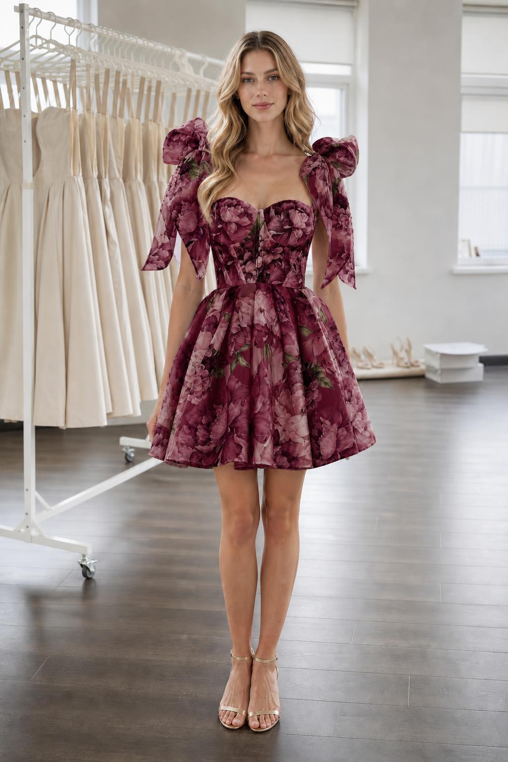 Front view of burgundy floral print variant